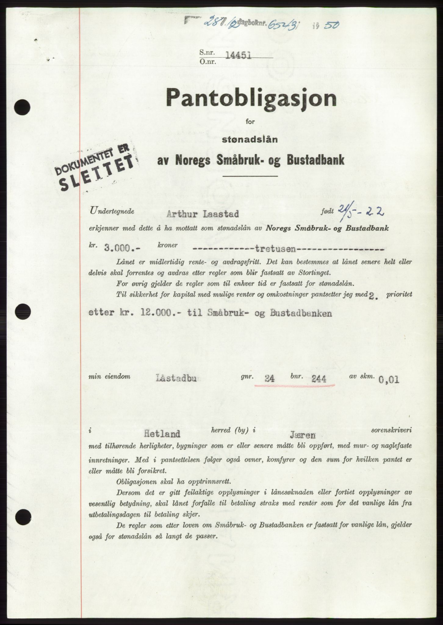 Jæren sorenskriveri, SAST/A-100310/03/G/Gba/L0110: Pantebok, 1950-1950, Dagboknr: 6543/1950