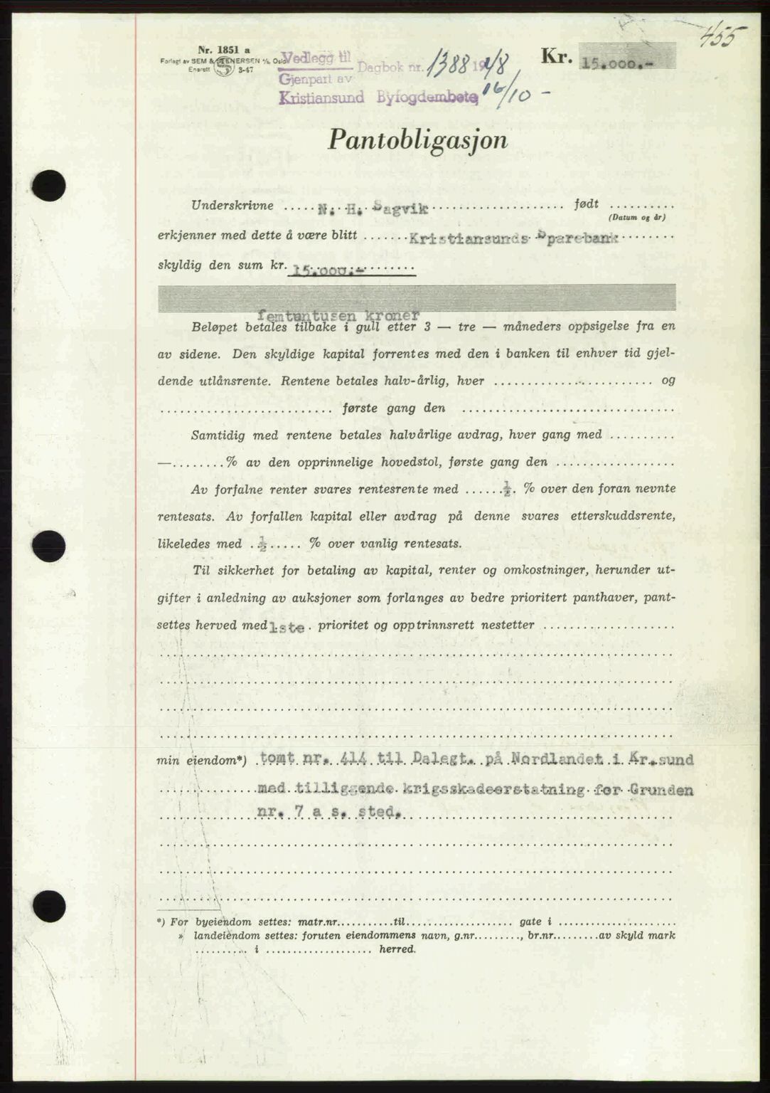 Kristiansund byfogd, AV/SAT-A-4587/A/27: Pantebok nr. 44, 1947-1948, Dagboknr: 1388/1948