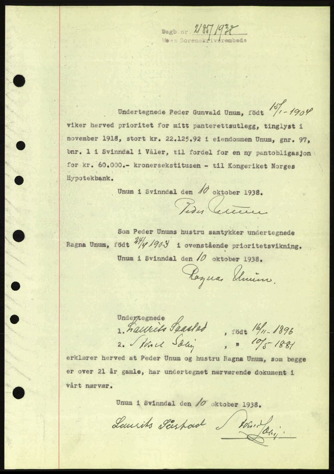 Moss sorenskriveri, SAO/A-10168: Pantebok nr. B6, 1938-1938, Dagboknr: 2185/1938