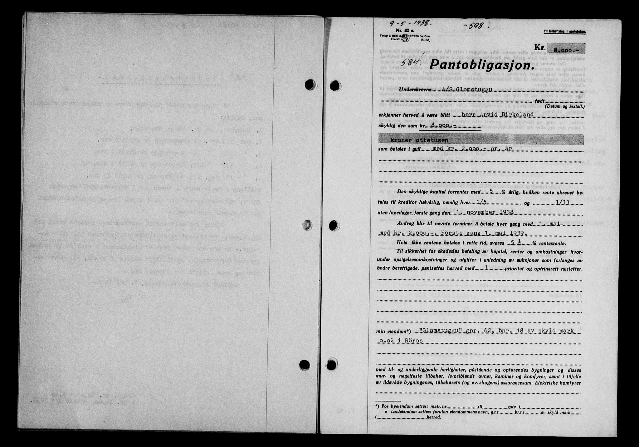 Gauldal sorenskriveri, SAT/A-0014/1/2/2C/L0048: Pantebok nr. 51-52, 1937-1938, s. 598, Dagboknr: 584/1938