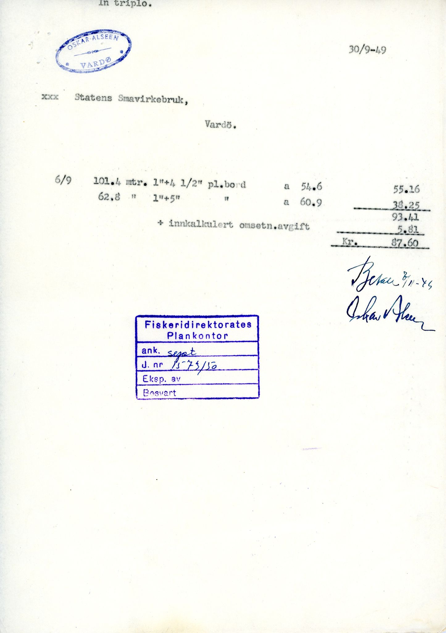 Vardø Fiskersamvirkelag, VAMU/A-0037/D/Da/L0002: Korrespondanse Er-Fi, 1946-1951