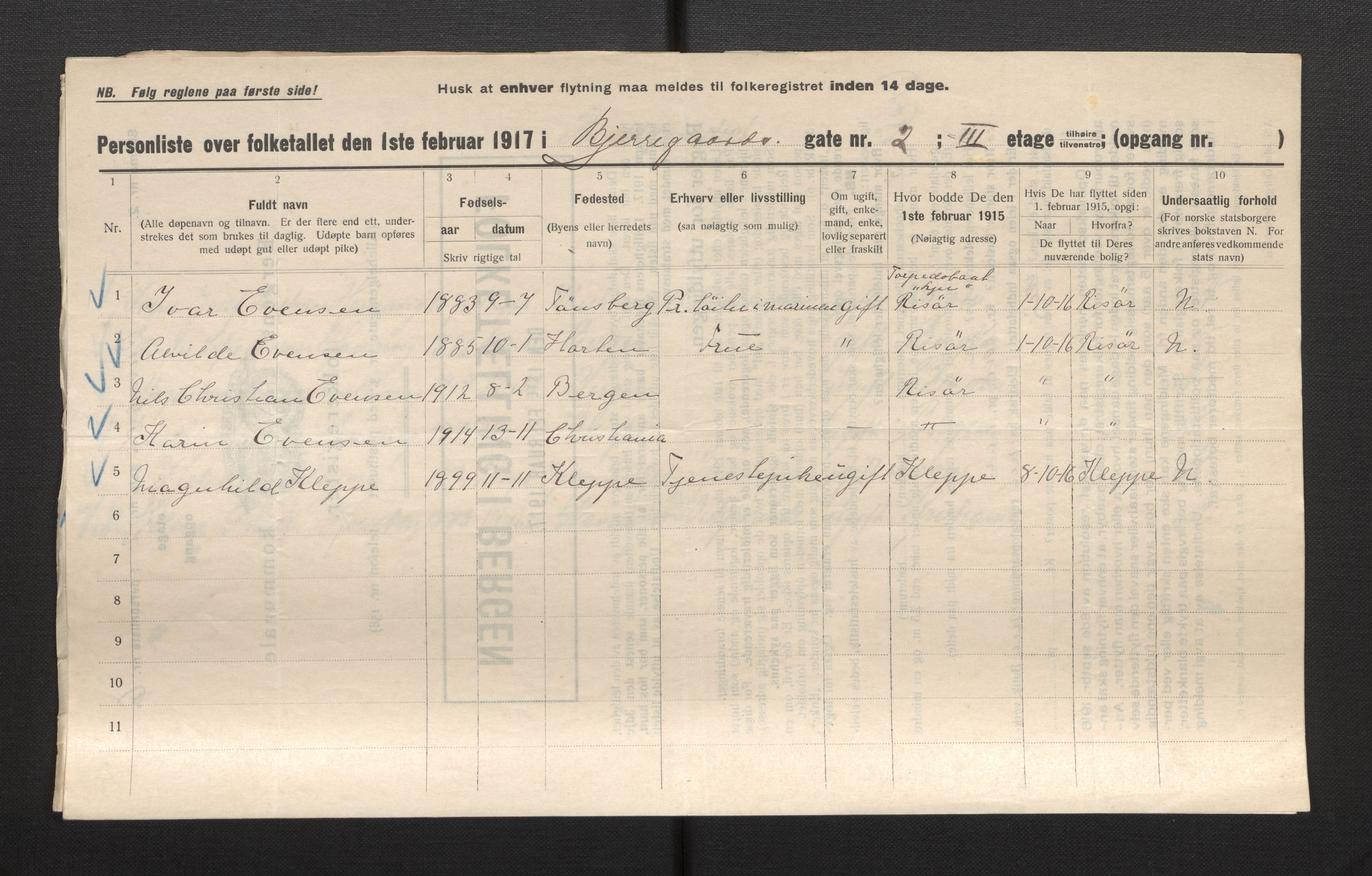 SAB, Kommunal folketelling 1917 for Bergen kjøpstad, 1917, s. 2679