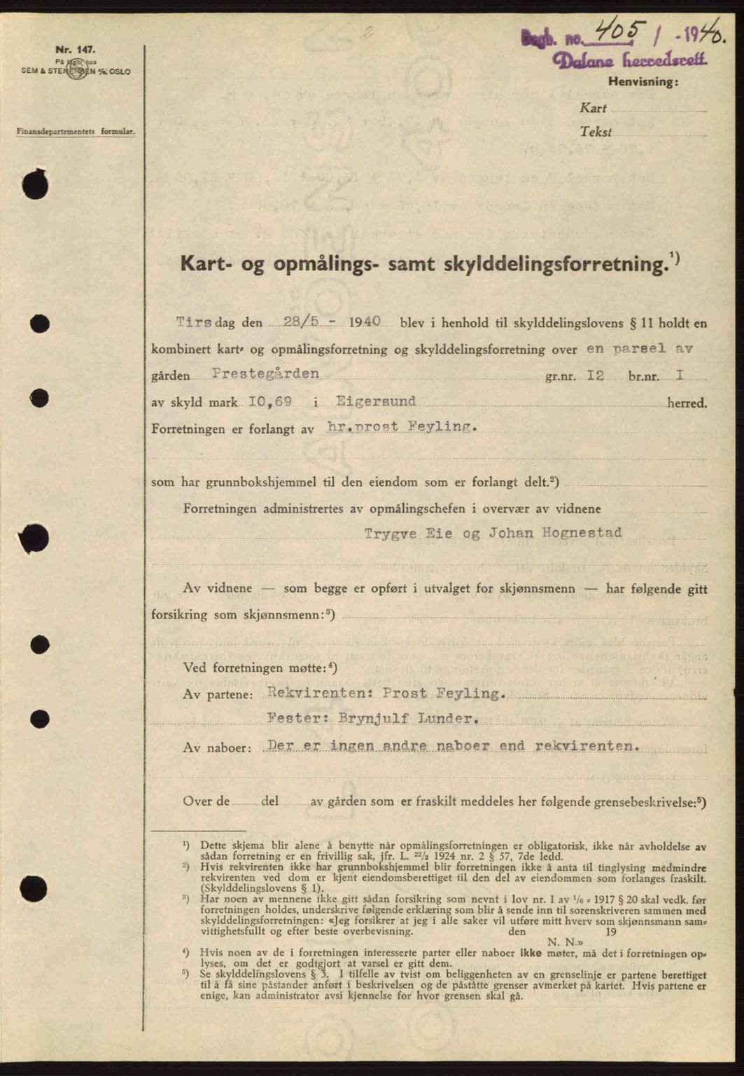 Dalane sorenskriveri, SAST/A-100309/02/G/Gb/L0044: Pantebok nr. A5, 1940-1941, Dagboknr: 405/1940