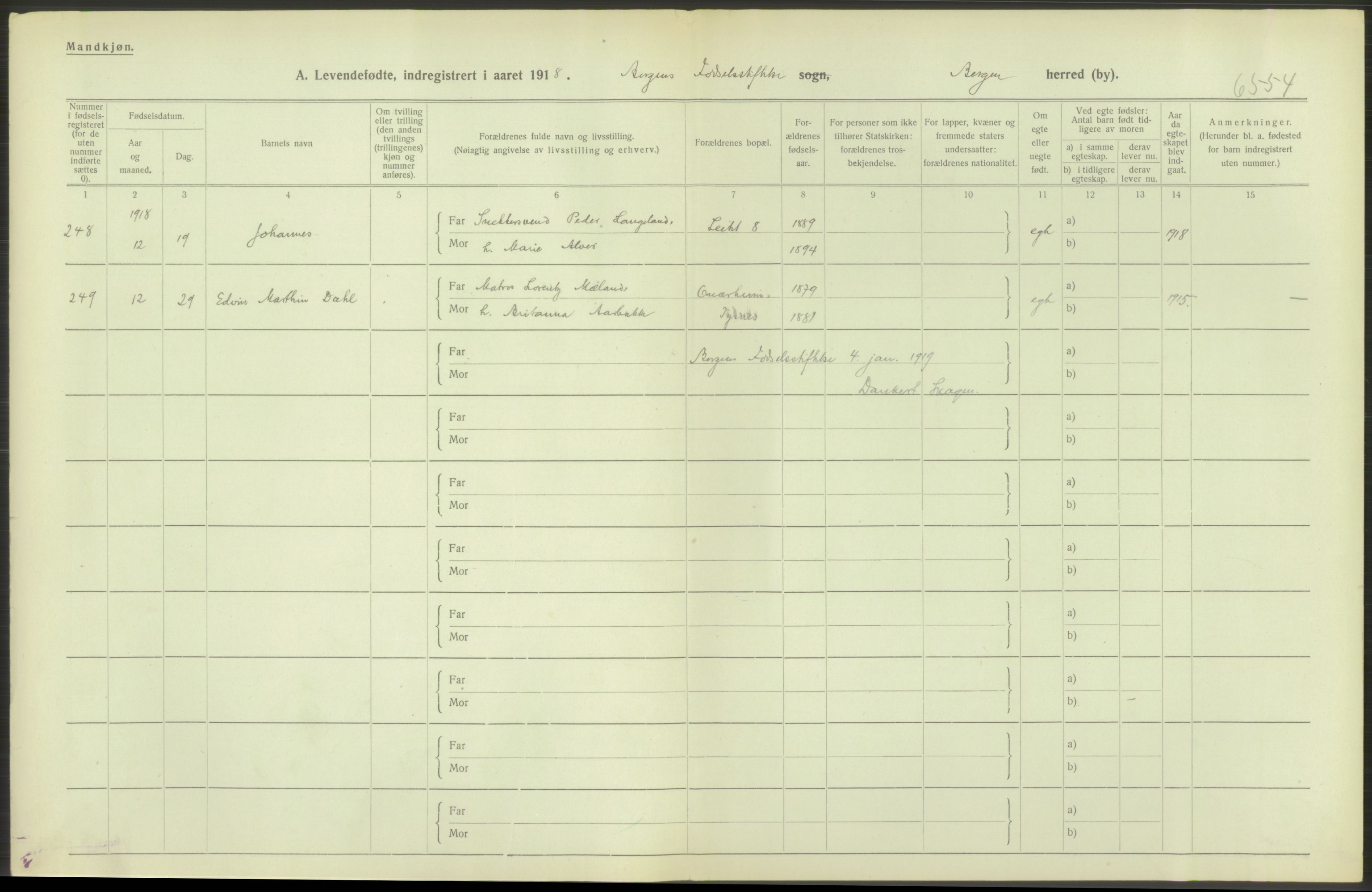 Statistisk sentralbyrå, Sosiodemografiske emner, Befolkning, AV/RA-S-2228/D/Df/Dfb/Dfbh/L0037: Bergen: Levendefødte menn og kvinner., 1918, s. 98