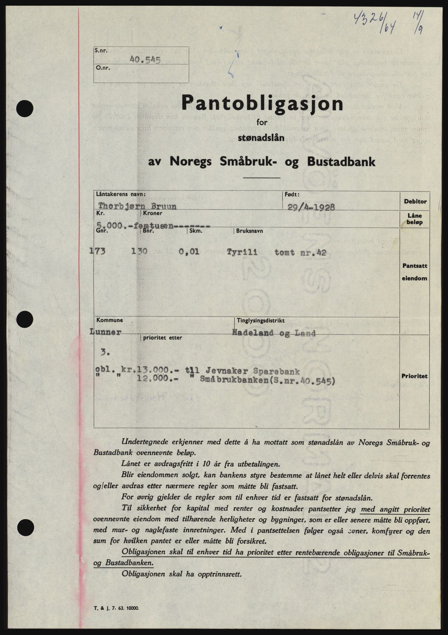 Hadeland og Land tingrett, SAH/TING-010/H/Hb/Hbc/L0056: Pantebok nr. B56, 1964-1964, Dagboknr: 4326/1964
