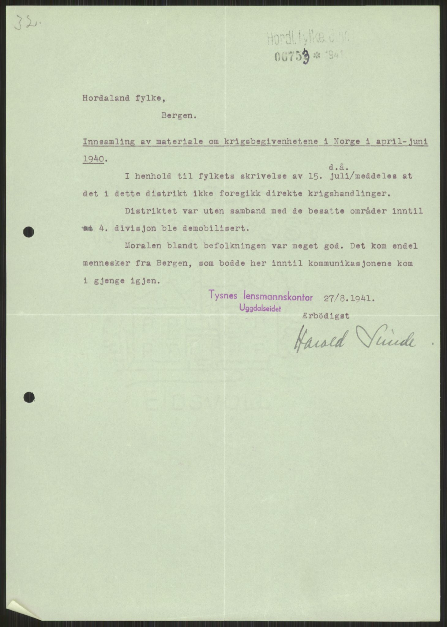 Forsvaret, Forsvarets krigshistoriske avdeling, AV/RA-RAFA-2017/Y/Ya/L0015: II-C-11-31 - Fylkesmenn.  Rapporter om krigsbegivenhetene 1940., 1940, s. 426