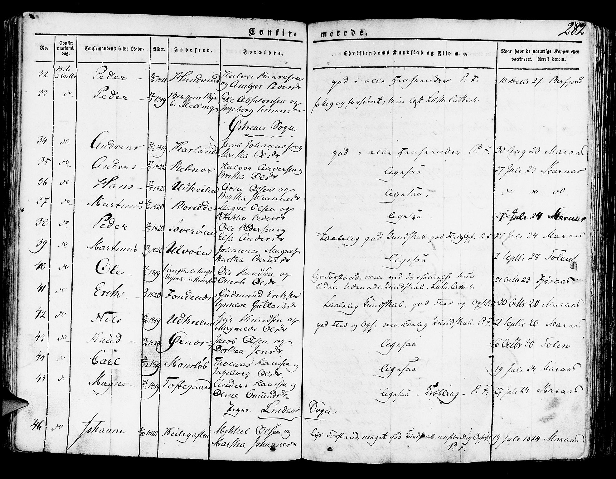 Lindås Sokneprestembete, AV/SAB-A-76701/H/Haa/Haaa/L0008: Ministerialbok nr. A 8, 1823-1836, s. 282