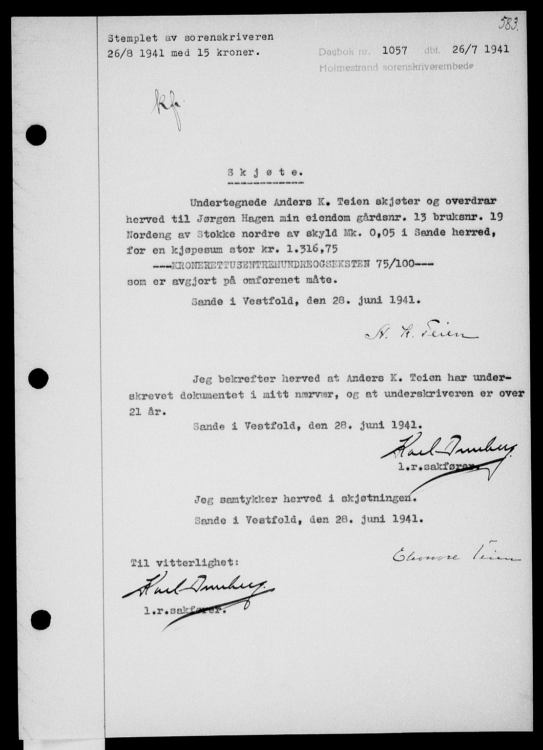 Holmestrand sorenskriveri, SAKO/A-67/G/Ga/Gaa/L0053: Pantebok nr. A-53, 1941-1941, Dagboknr: 1057/1941