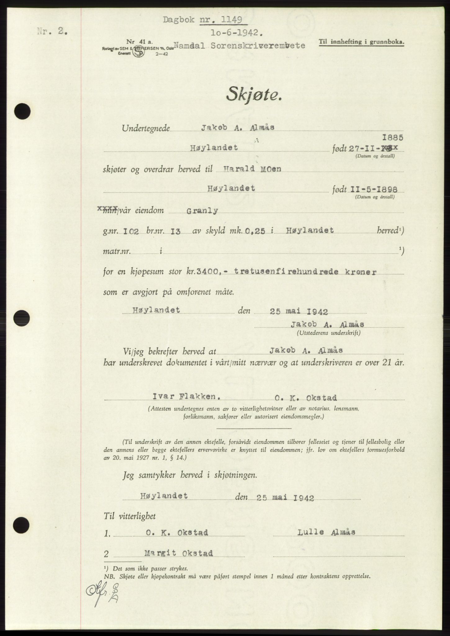 Namdal sorenskriveri, SAT/A-4133/1/2/2C: Pantebok nr. -, 1941-1942, Dagboknr: 1149/1942