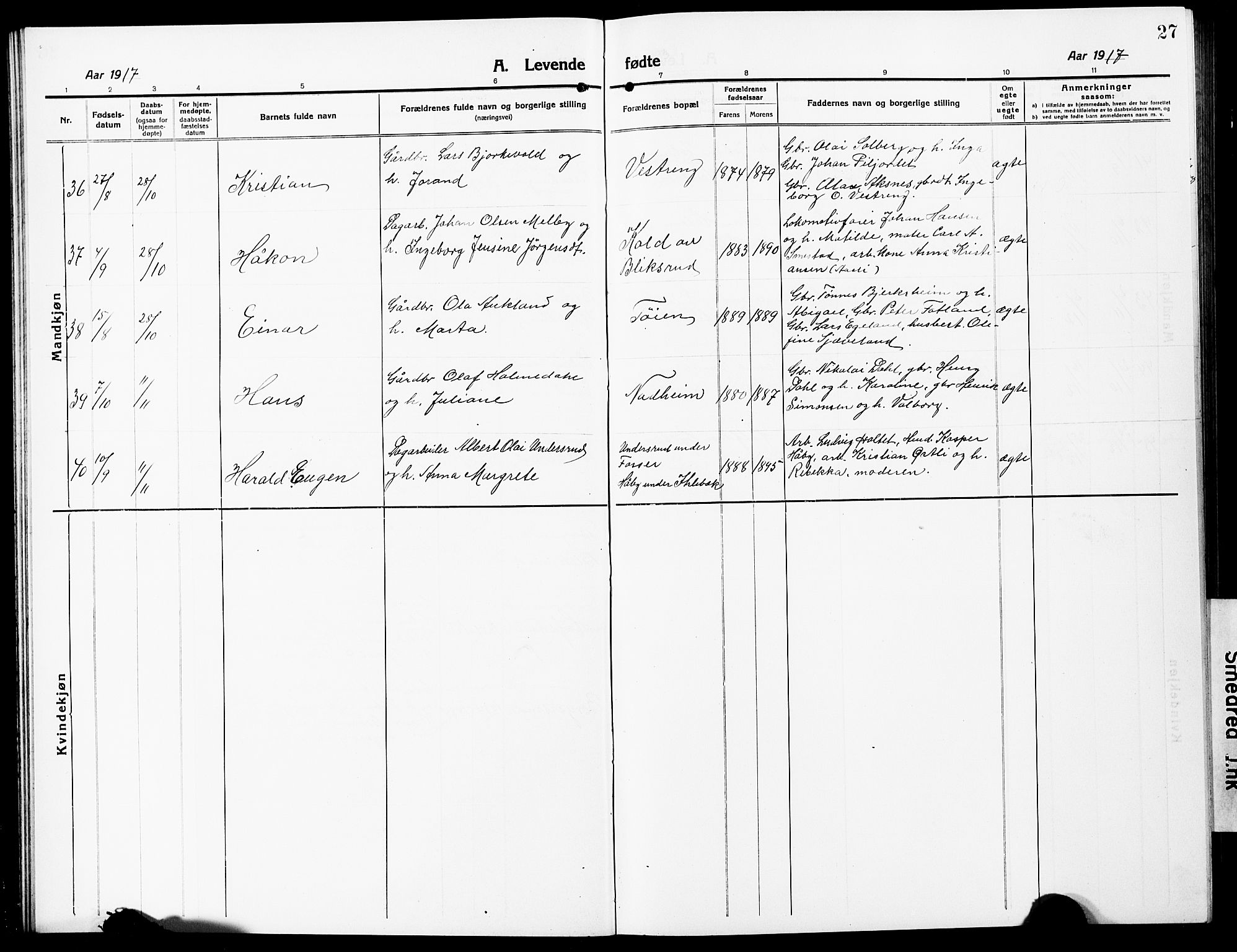Høland prestekontor Kirkebøker, AV/SAO-A-10346a/G/Ga/L0008: Klokkerbok nr. I 8, 1915-1929, s. 27