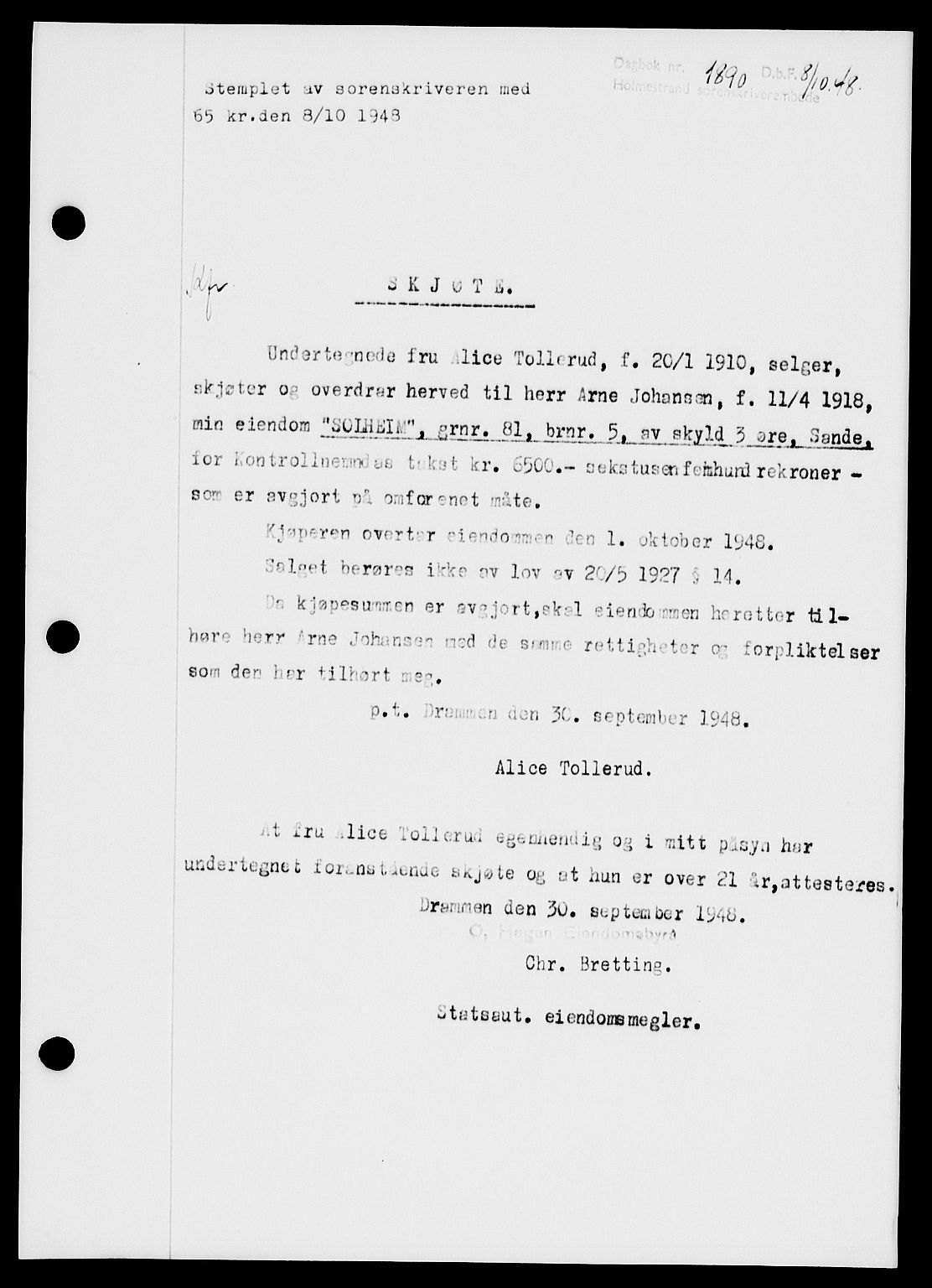 Holmestrand sorenskriveri, SAKO/A-67/G/Ga/Gaa/L0065: Pantebok nr. A-65, 1948-1949, Dagboknr: 1890/1948