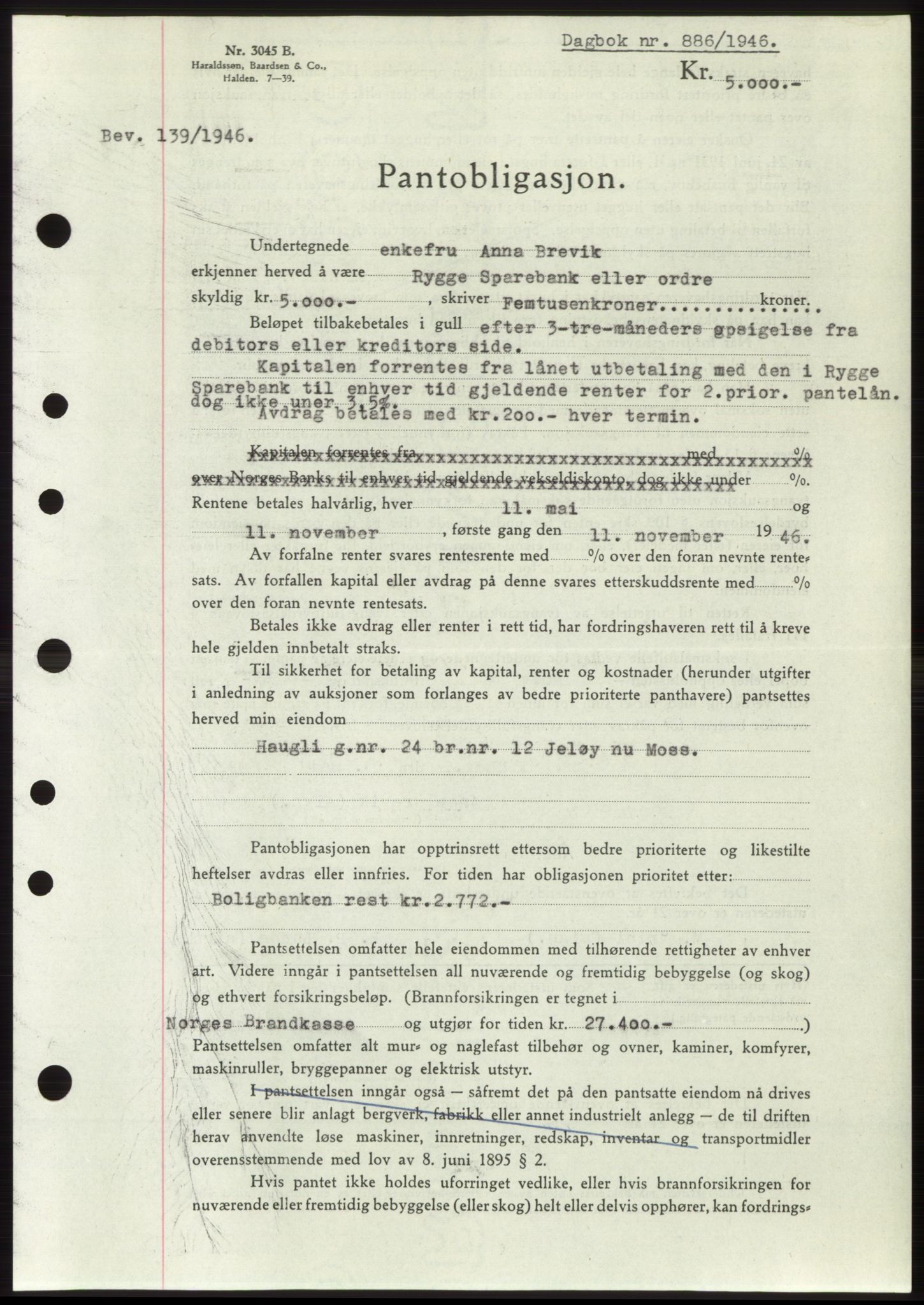 Moss sorenskriveri, SAO/A-10168: Pantebok nr. B15, 1946-1946, Dagboknr: 886/1946