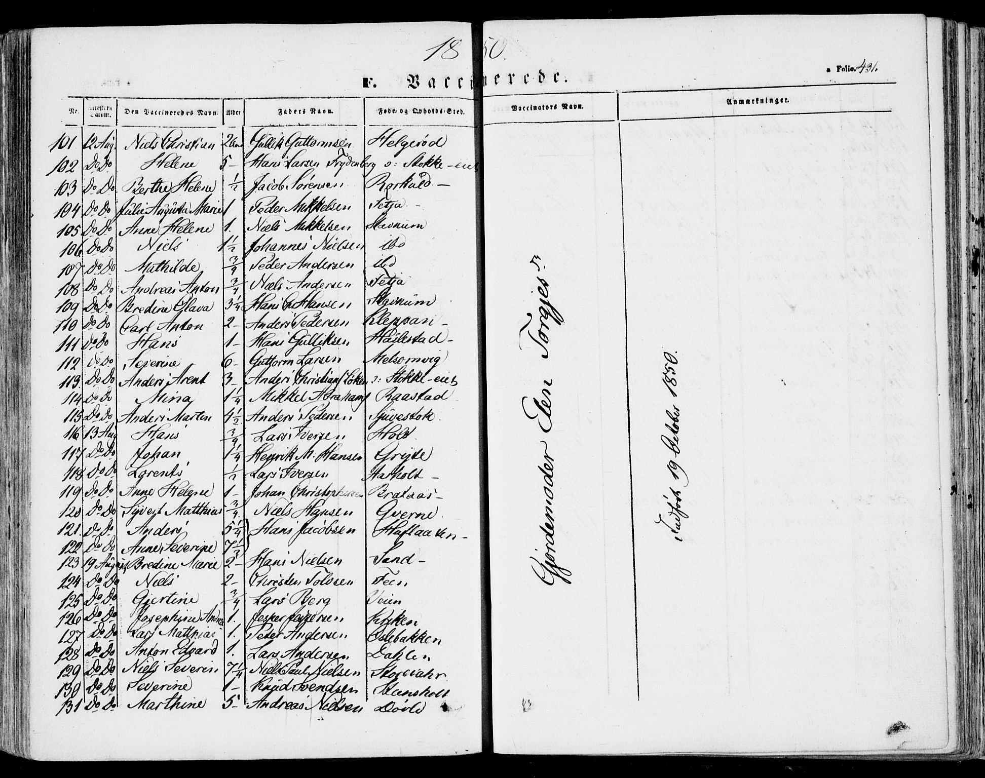 Stokke kirkebøker, AV/SAKO-A-320/F/Fa/L0007: Ministerialbok nr. I 7, 1844-1857, s. 431