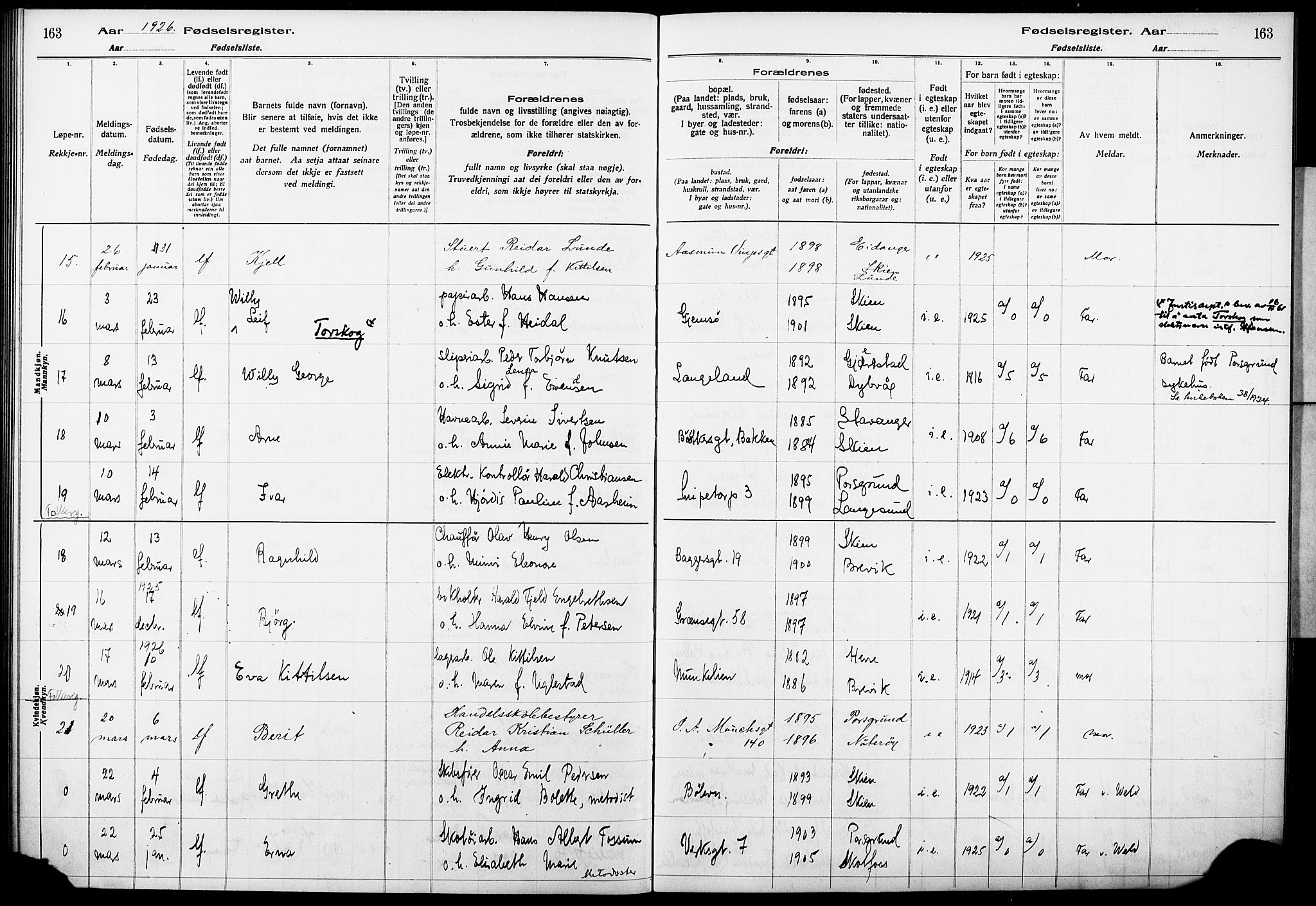 Skien kirkebøker, AV/SAKO-A-302/J/Ja/L0002: Fødselsregister nr. 2, 1921-1927, s. 163