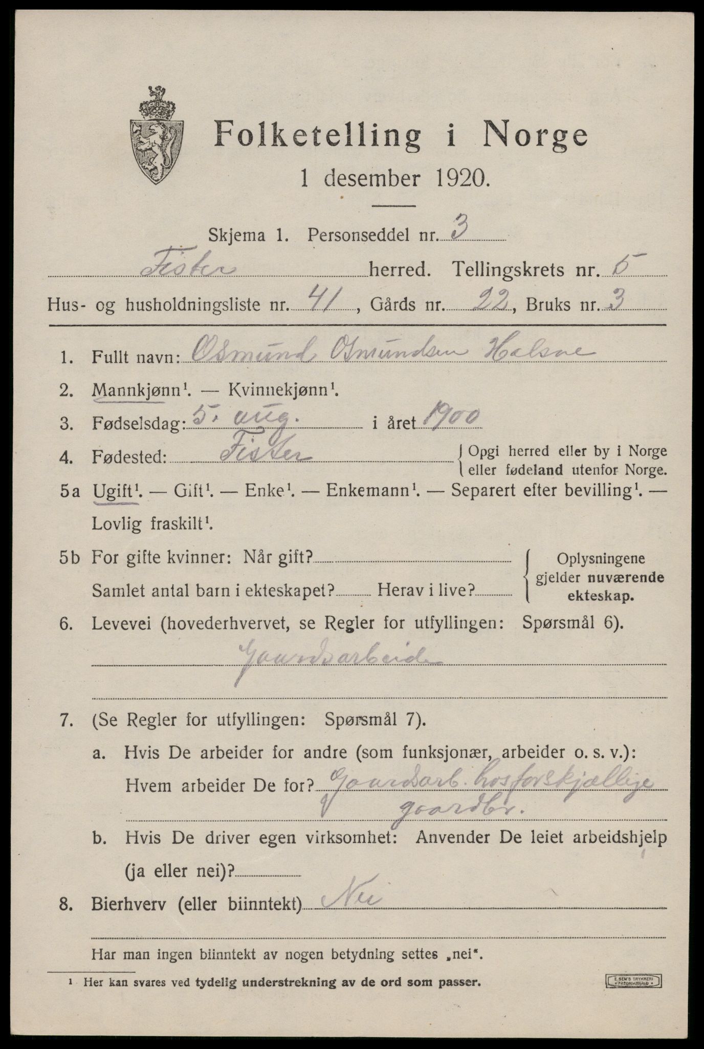 SAST, Folketelling 1920 for 1132 Fister herred, 1920, s. 1759