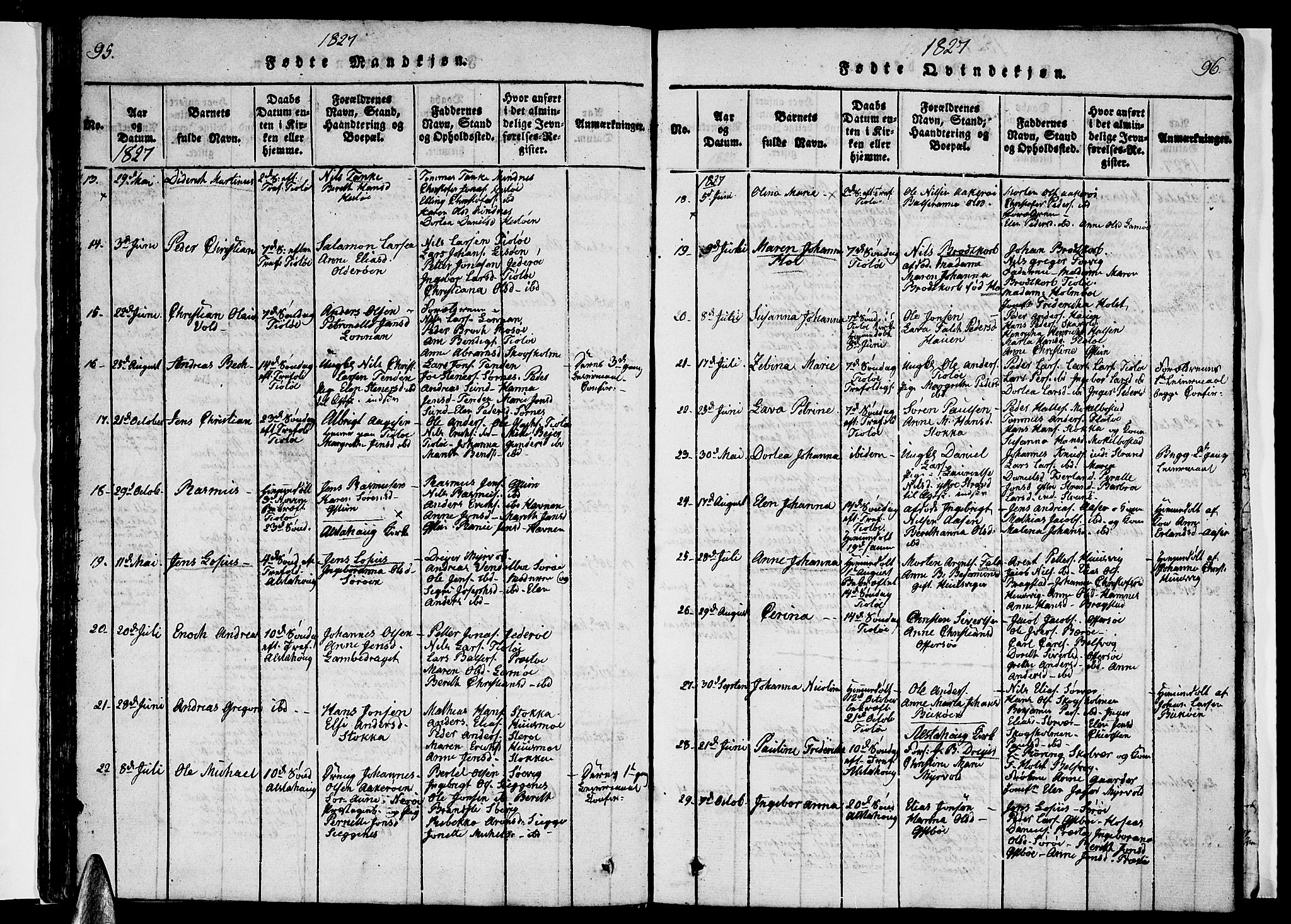 Ministerialprotokoller, klokkerbøker og fødselsregistre - Nordland, AV/SAT-A-1459/830/L0457: Klokkerbok nr. 830C01 /1, 1820-1842, s. 95-96