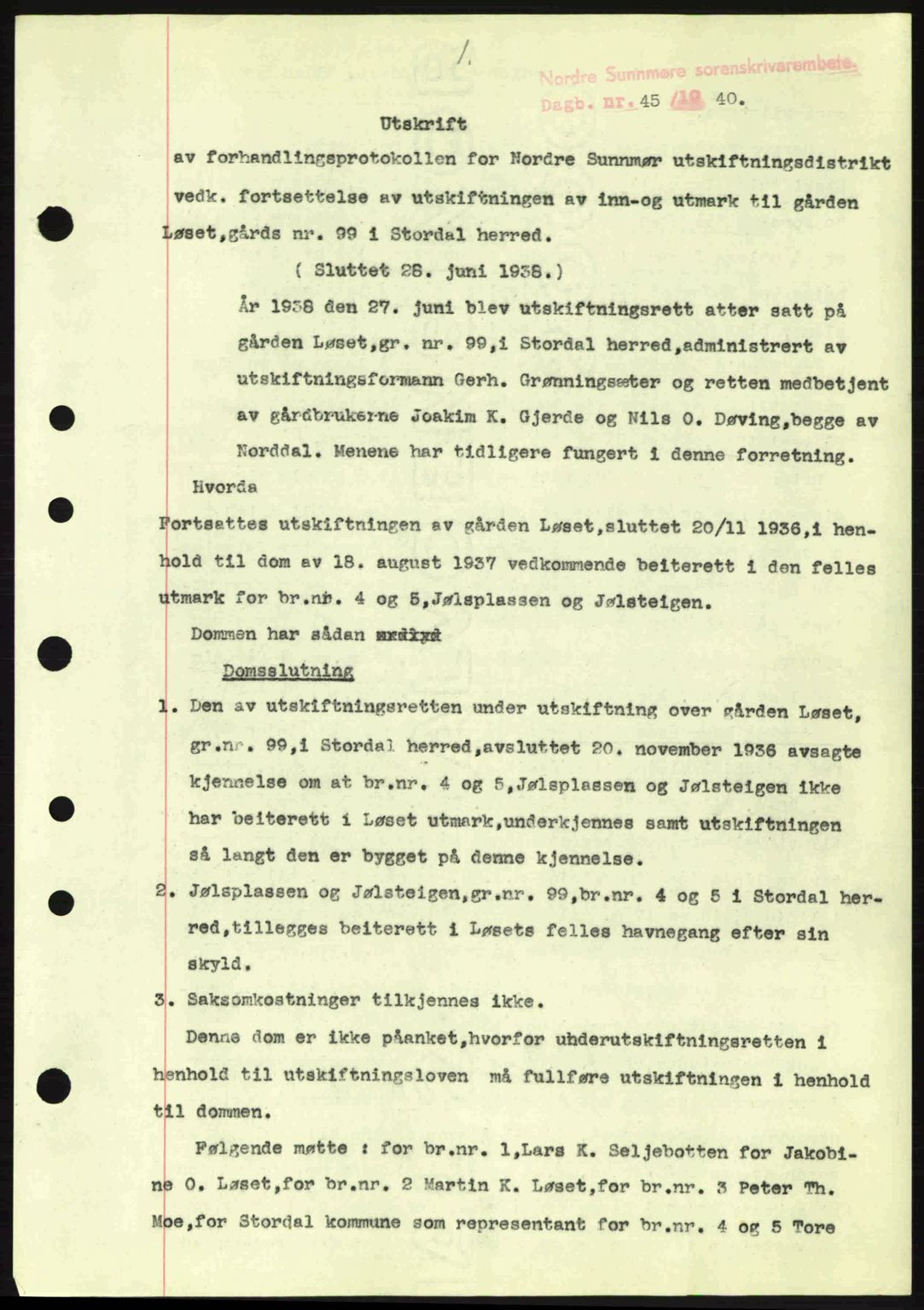 Nordre Sunnmøre sorenskriveri, AV/SAT-A-0006/1/2/2C/2Ca: Pantebok nr. A8, 1939-1940, Dagboknr: 45/1940