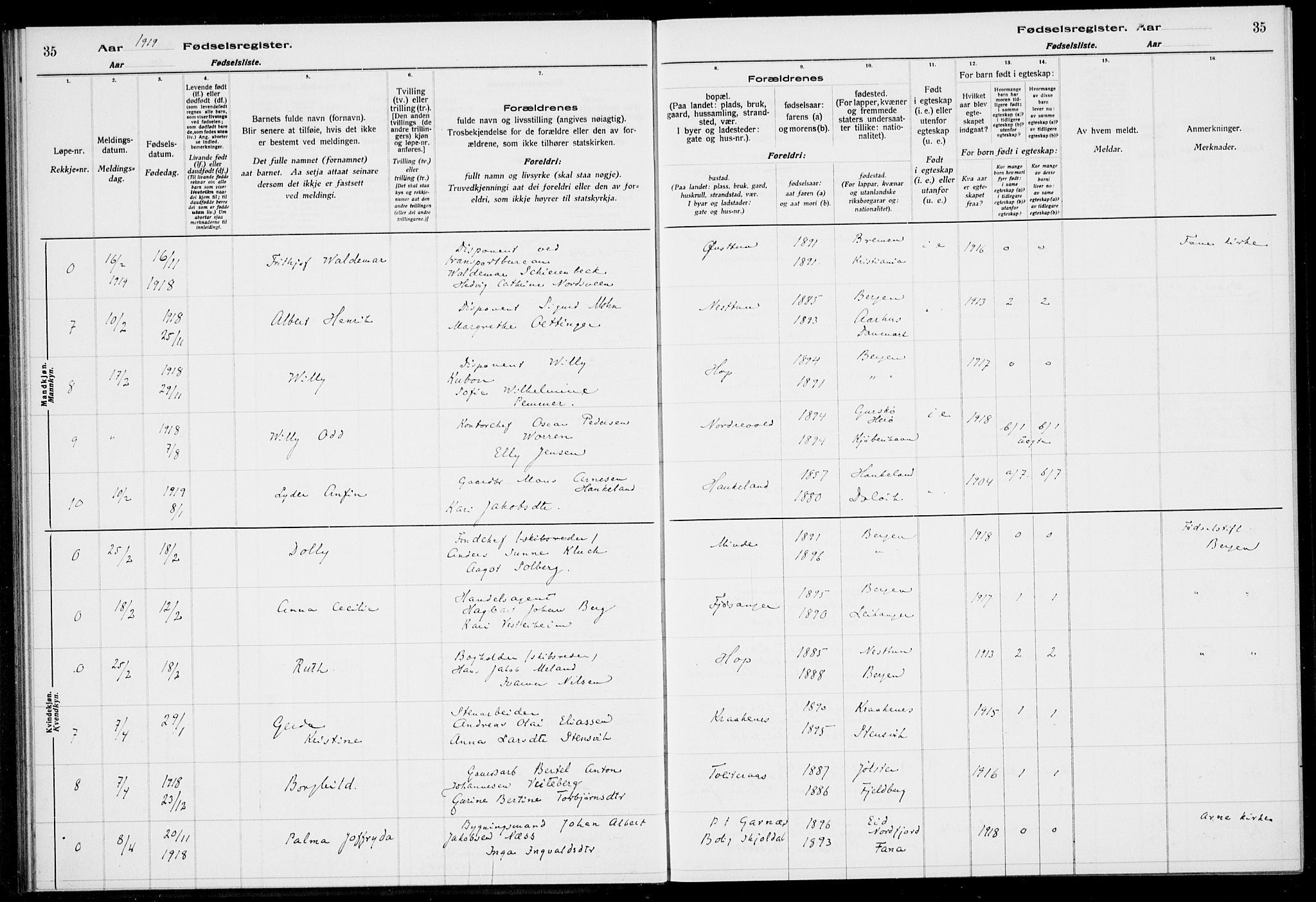 Birkeland Sokneprestembete, SAB/A-74601/I/Id/L00A1: Fødselsregister nr. A 1, 1916-1926, s. 35