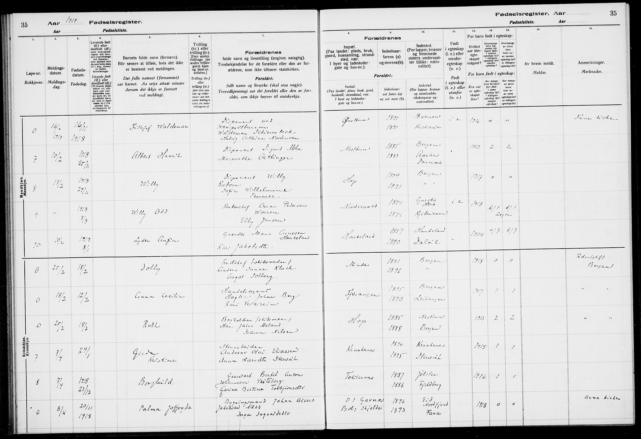 Birkeland Sokneprestembete, AV/SAB-A-74601/I/Id/L00A1: Fødselsregister nr. A 1, 1916-1926, s. 35