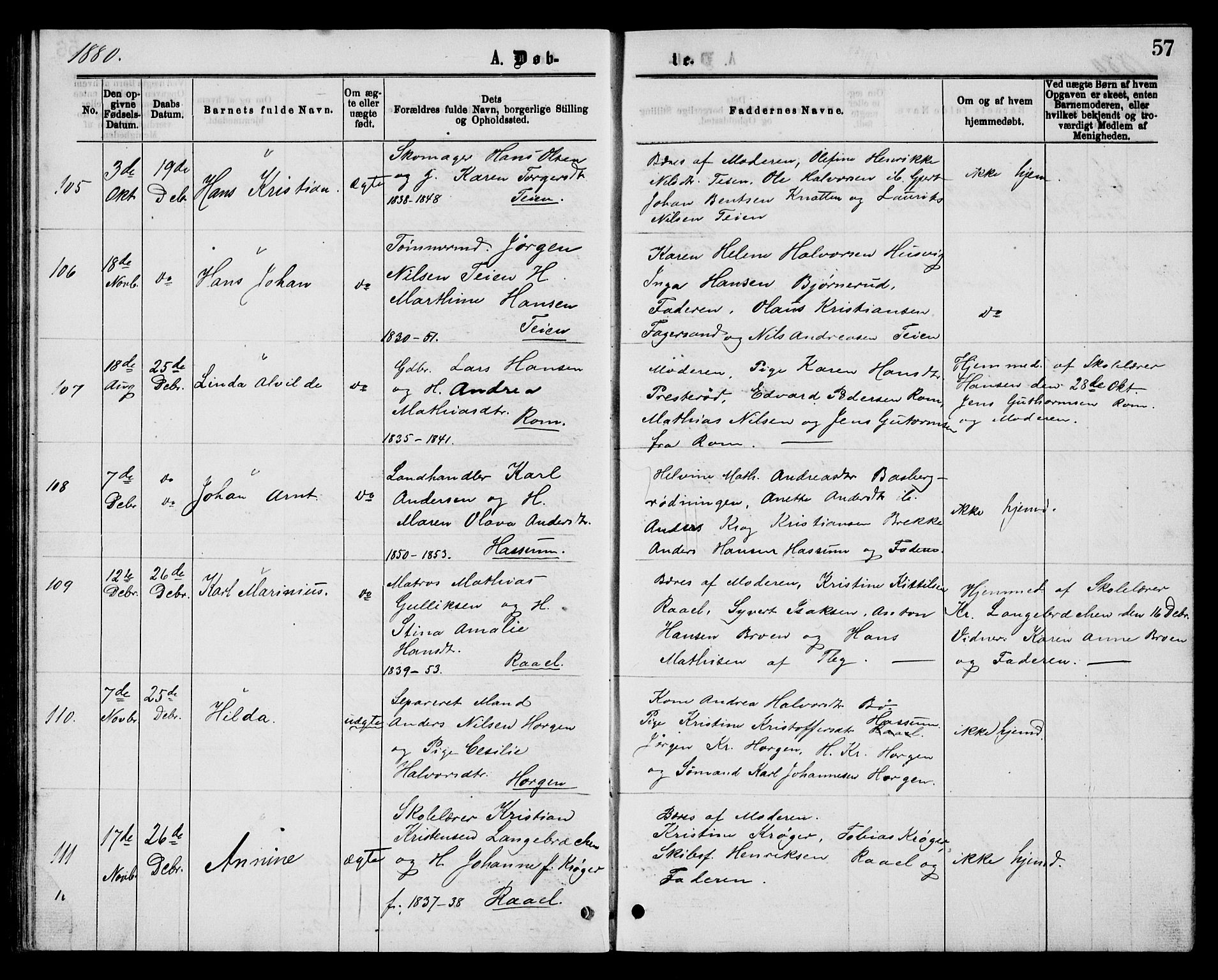 Sem kirkebøker, AV/SAKO-A-5/G/Gb/L0001: Klokkerbok nr. II 1, 1877-1885, s. 57