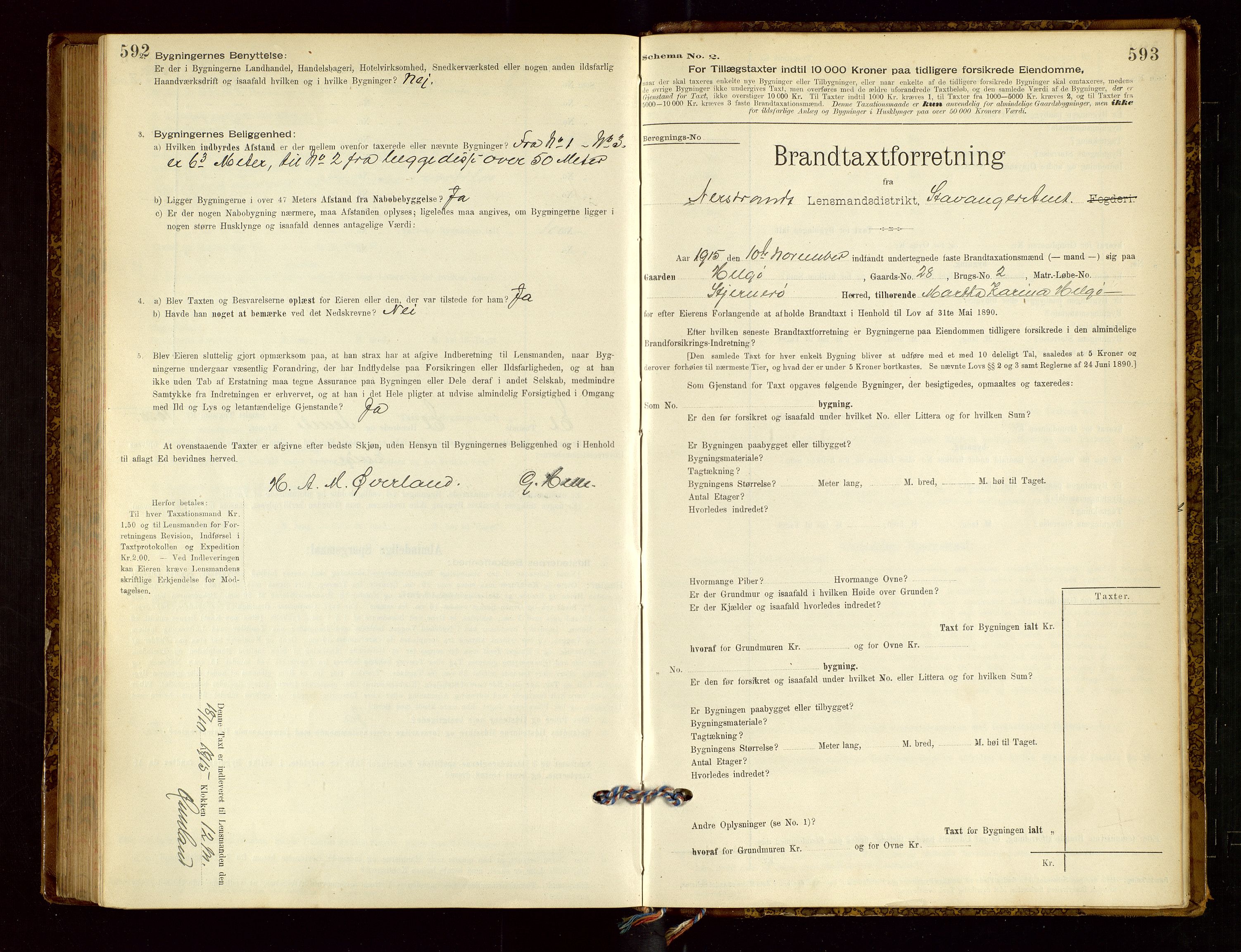 Nedstrand lensmannskontor, AV/SAST-A-100236/Gob/L0001: "Brandtaxationsprotokol for Nerstrand Lensmandsdistrikt Ryfylke fogderi", 1895-1915, s. 592-593