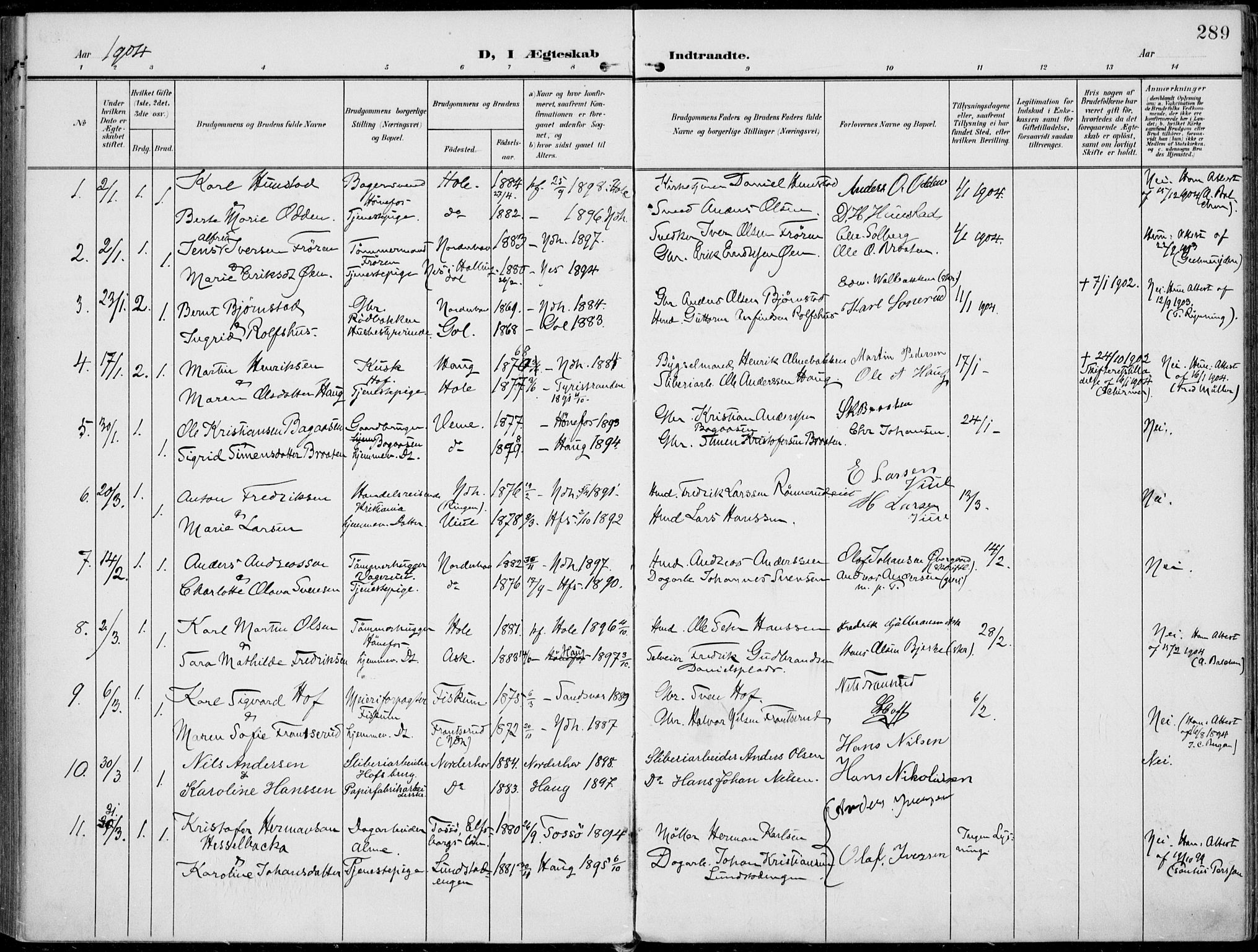 Norderhov kirkebøker, AV/SAKO-A-237/F/Fa/L0017: Ministerialbok nr. 17, 1903-1919, s. 289