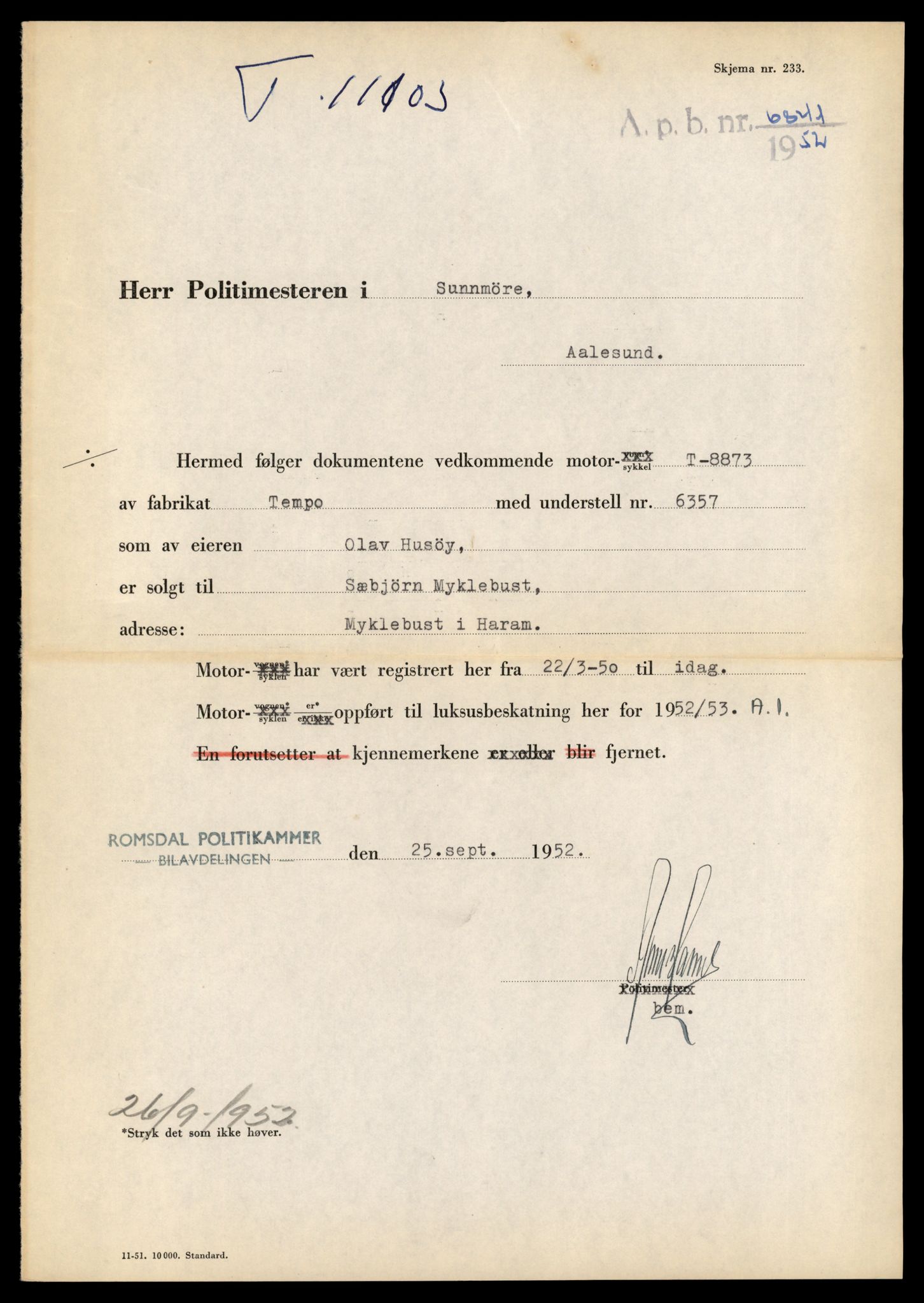 Møre og Romsdal vegkontor - Ålesund trafikkstasjon, AV/SAT-A-4099/F/Fe/L0026: Registreringskort for kjøretøy T 11046 - T 11160, 1927-1998, s. 1657