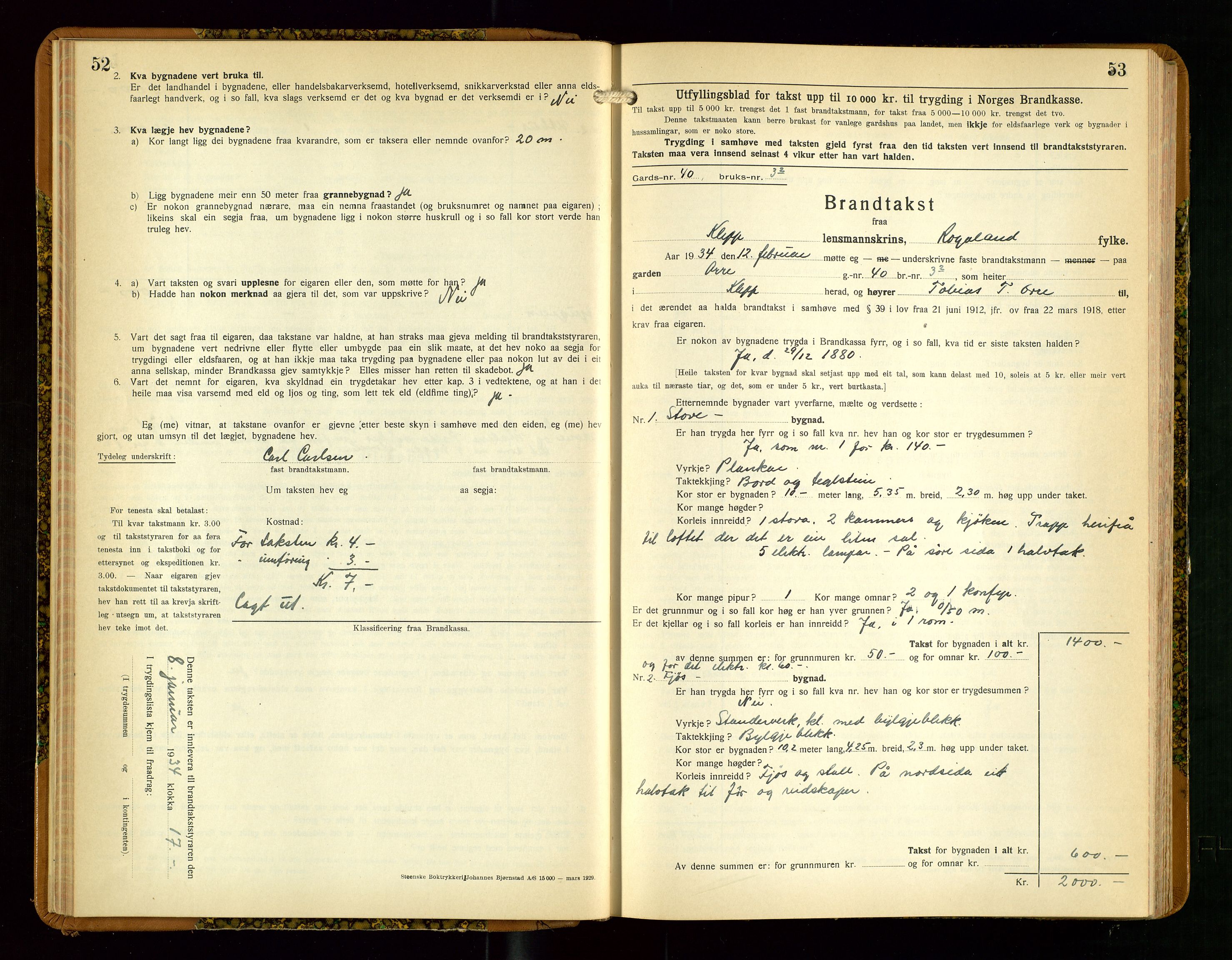 Klepp lensmannskontor, SAST/A-100163/Goc/L0013: "Brandtakstbok" m/register, 1933-1937, s. 52-53