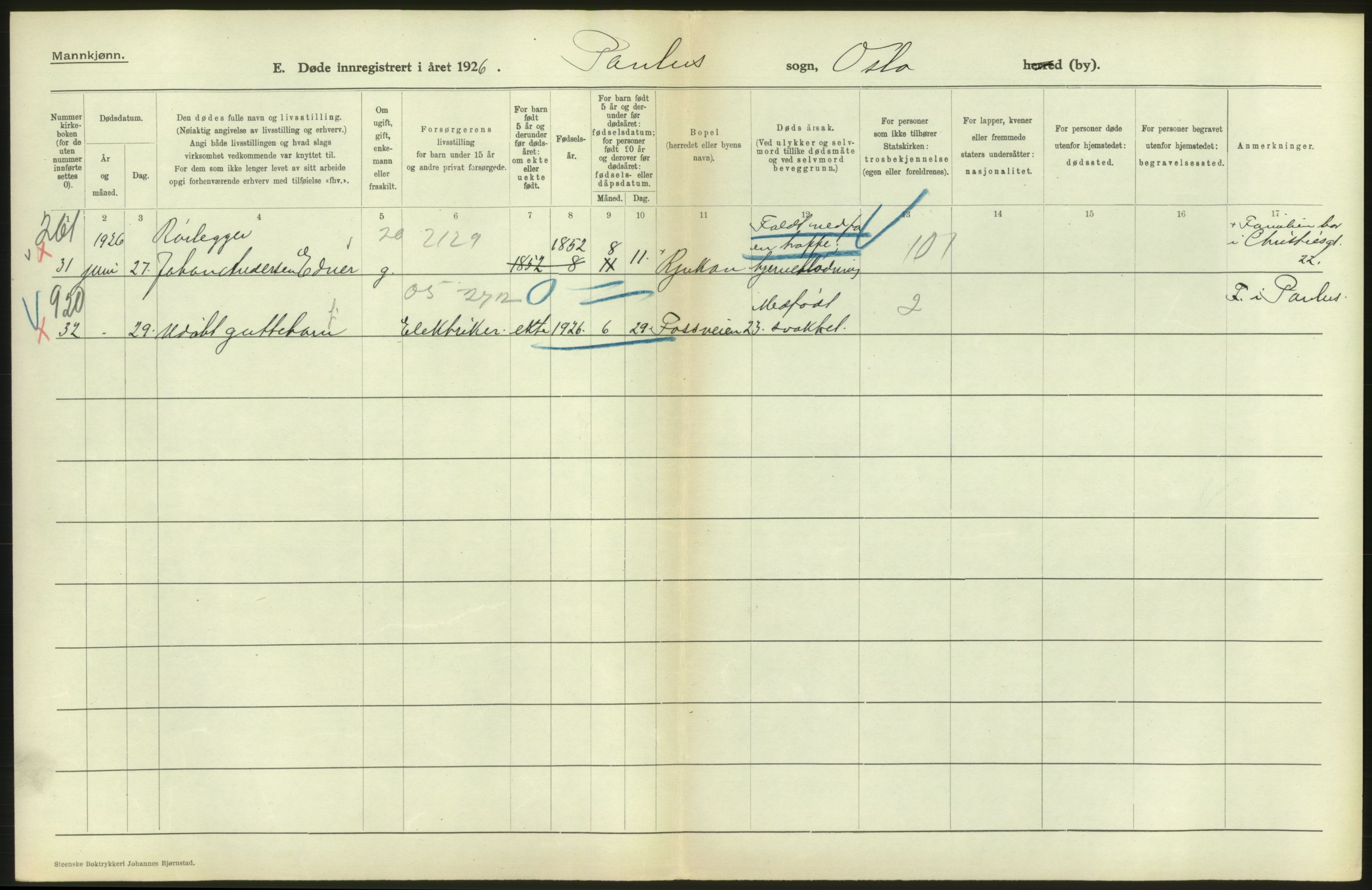 Statistisk sentralbyrå, Sosiodemografiske emner, Befolkning, AV/RA-S-2228/D/Df/Dfc/Dfcf/L0009: Oslo: Døde menn, 1926, s. 252