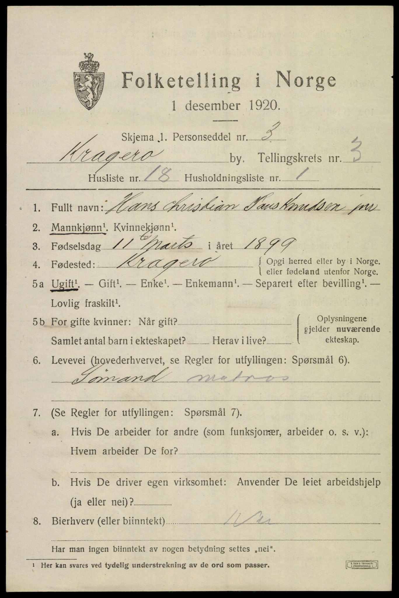 SAKO, Folketelling 1920 for 0801 Kragerø kjøpstad, 1920, s. 7271