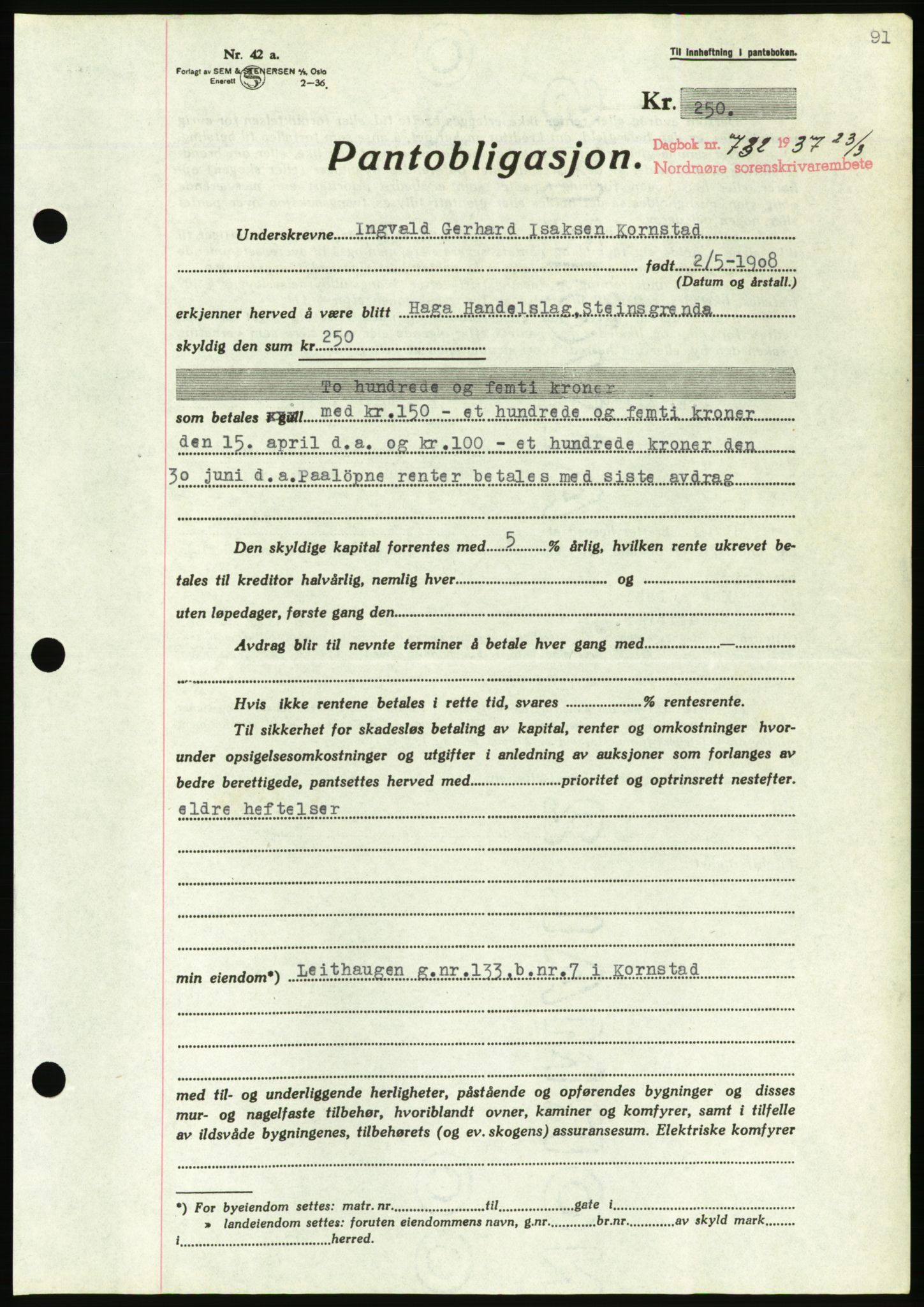 Nordmøre sorenskriveri, AV/SAT-A-4132/1/2/2Ca/L0091: Pantebok nr. B81, 1937-1937, Dagboknr: 732/1937