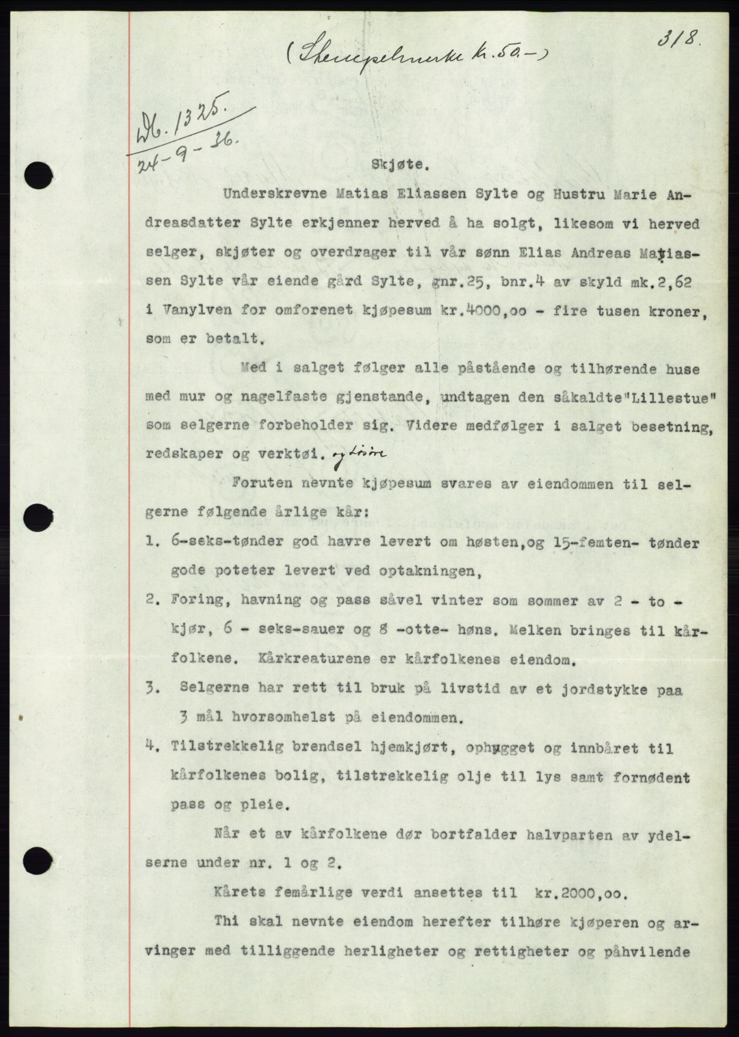 Søre Sunnmøre sorenskriveri, SAT/A-4122/1/2/2C/L0061: Pantebok nr. 55, 1936-1936, Dagboknr: 1325/1936