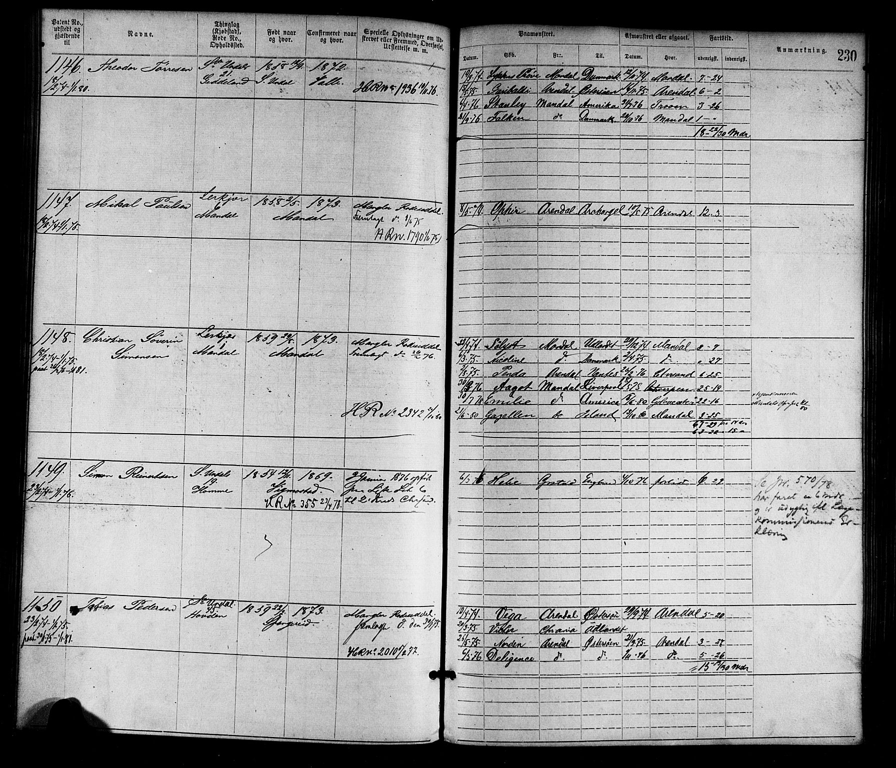 Mandal mønstringskrets, SAK/2031-0016/F/Fa/L0001: Annotasjonsrulle nr 1-1920 med register, L-3, 1869-1881, s. 265