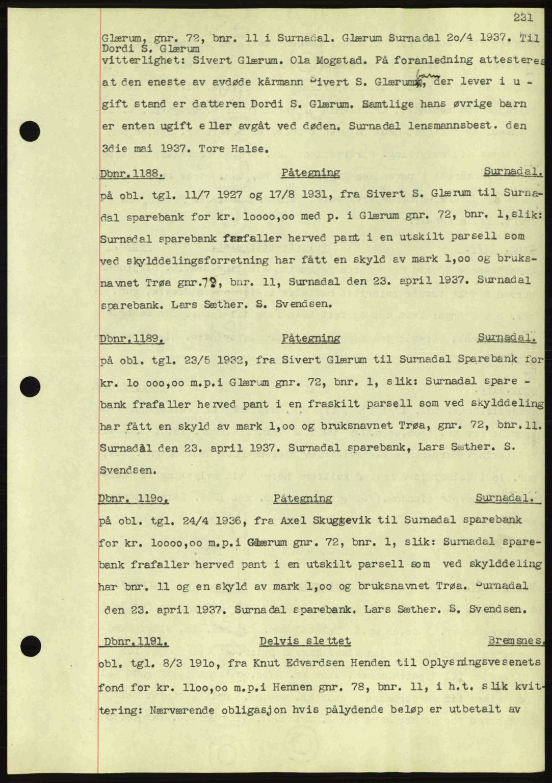Nordmøre sorenskriveri, SAT/A-4132/1/2/2Ca: Pantebok nr. C80, 1936-1939, Dagboknr: 1188/1937