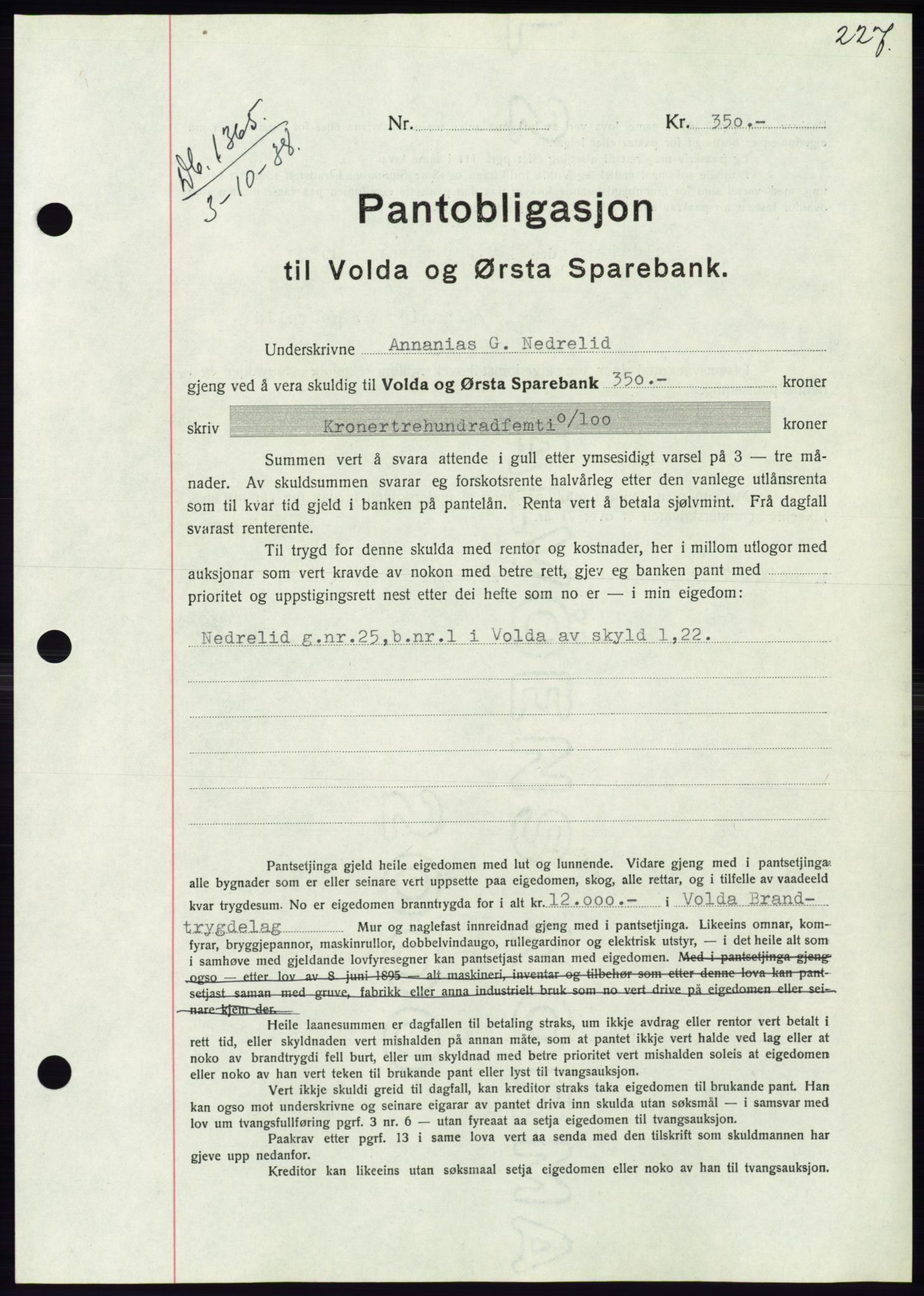 Søre Sunnmøre sorenskriveri, AV/SAT-A-4122/1/2/2C/L0066: Pantebok nr. 60, 1938-1938, Dagboknr: 1365/1938