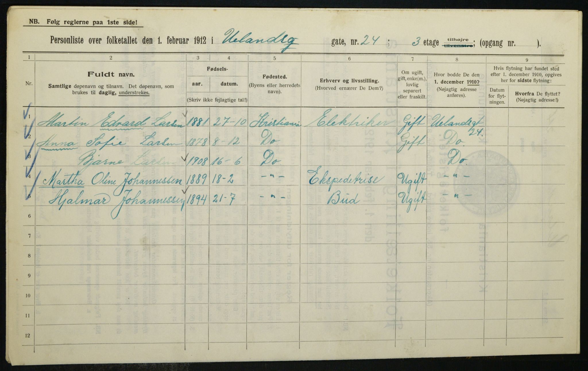 OBA, Kommunal folketelling 1.2.1912 for Kristiania, 1912, s. 118698