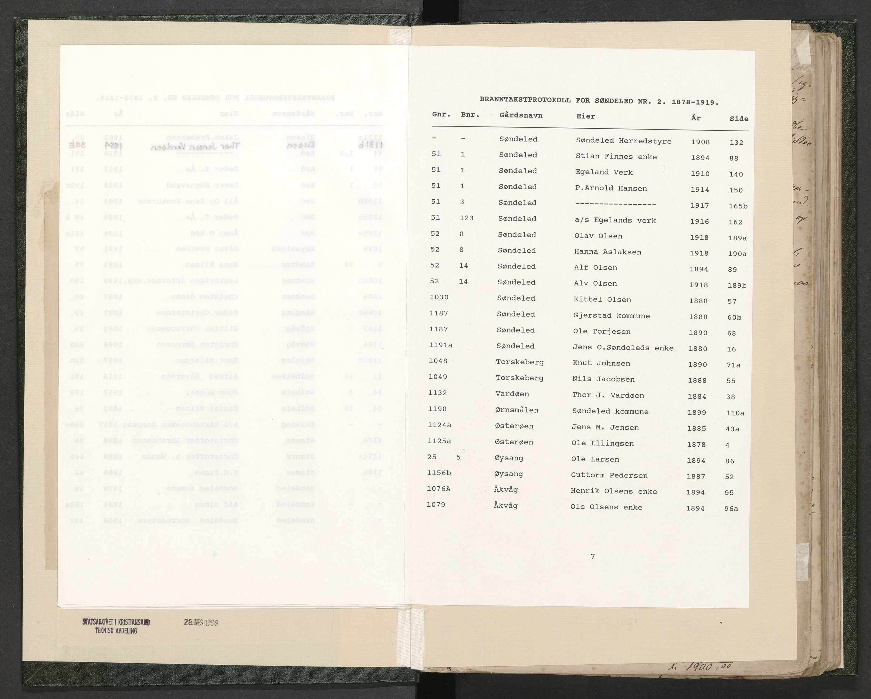 Norges Brannkasse Søndeled, AV/SAK-2241-0047/F/Fa/L0002: Branntakstprotokoll nr 2 med gårdsnavnregister, 1878-1919