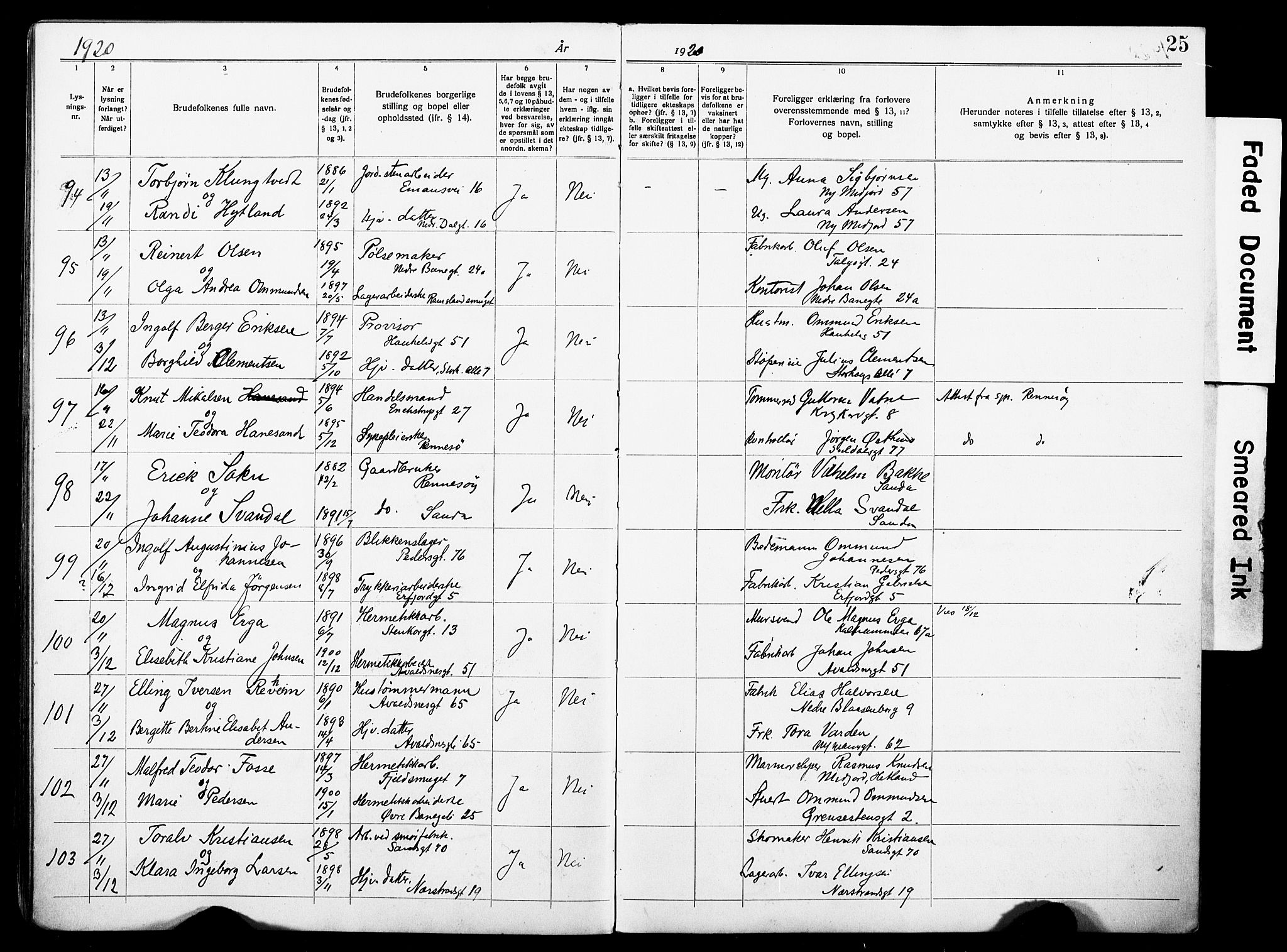 St. Johannes sokneprestkontor, AV/SAST-A-101814/001/70/705BA/L0004: Lysningsprotokoll nr. 4, 1919-1928, s. 25