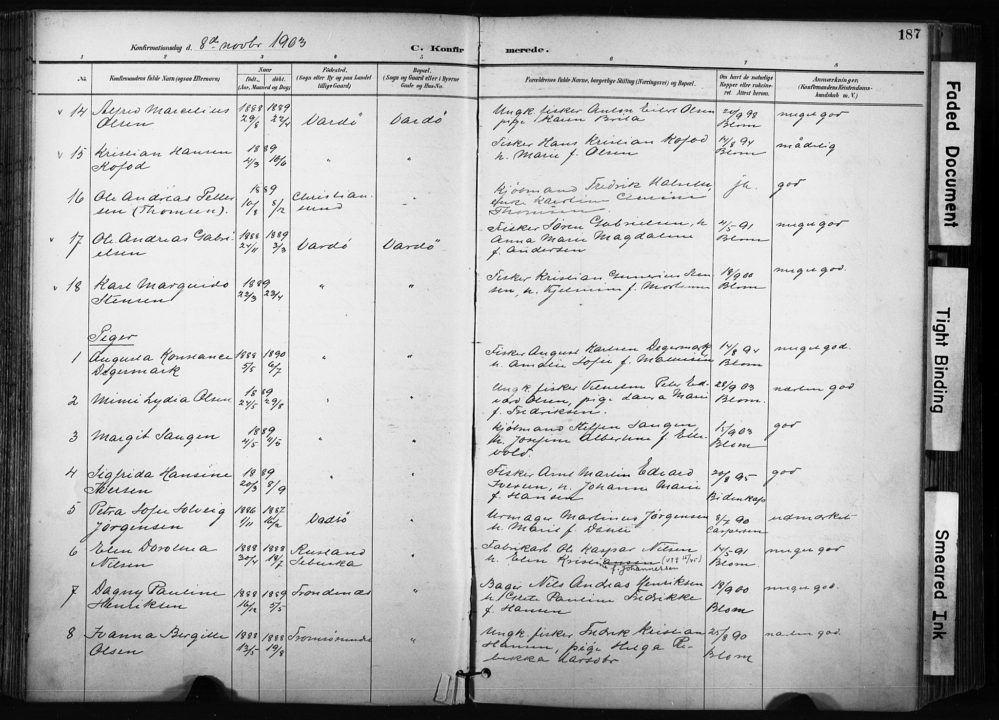 Vardø sokneprestkontor, AV/SATØ-S-1332/H/Ha/L0010kirke: Ministerialbok nr. 10, 1895-1907, s. 187