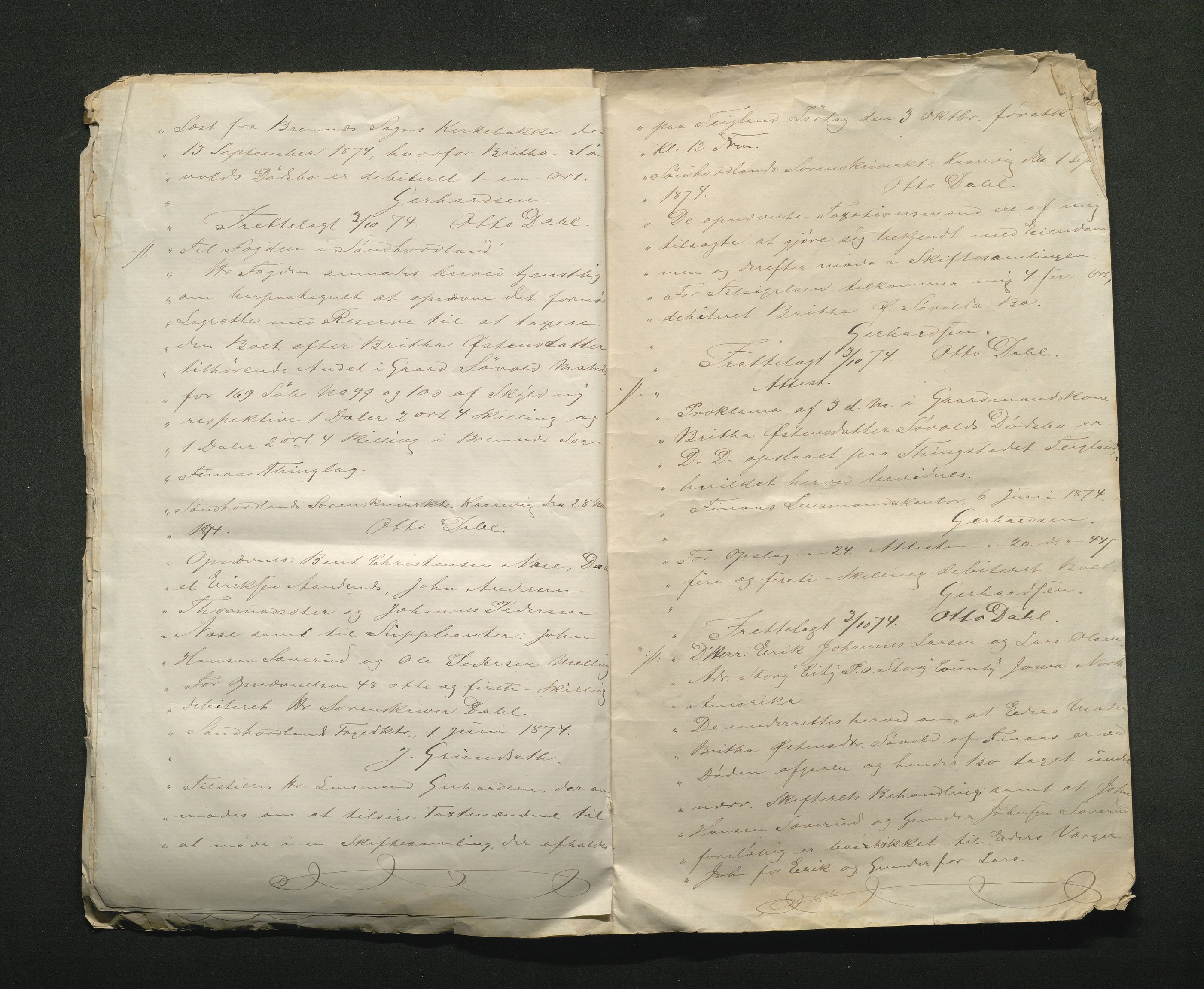 Privatarkivsamling fra gårder i Bømlo, IKAH/1219-Pa0018/Q/Qa/L0002/0007: Skifter og skiftebrev / Skifte etter Britha Østensdatter Søvold, 1874