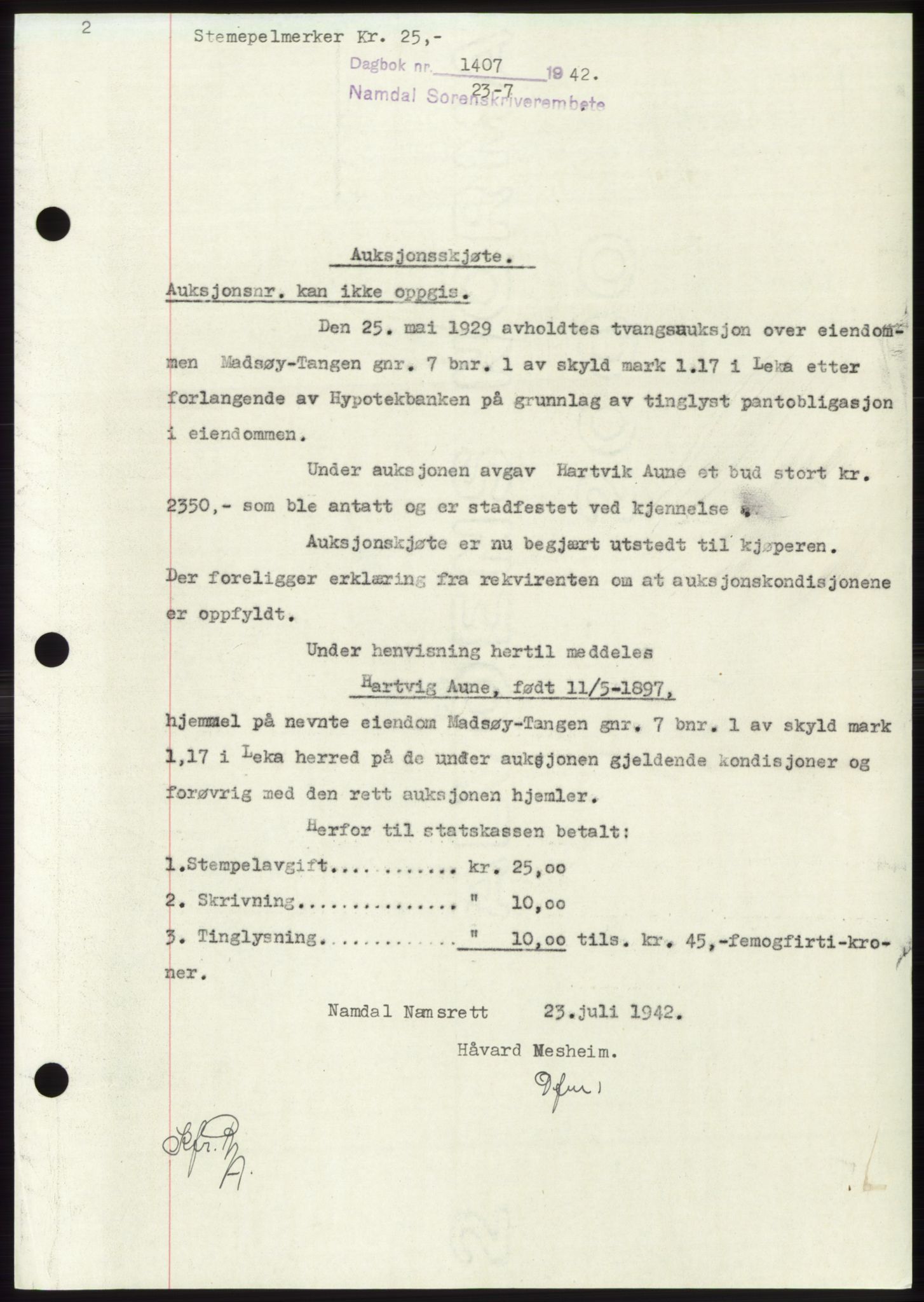 Namdal sorenskriveri, SAT/A-4133/1/2/2C: Pantebok nr. -, 1942-1943, Dagboknr: 1407/1942