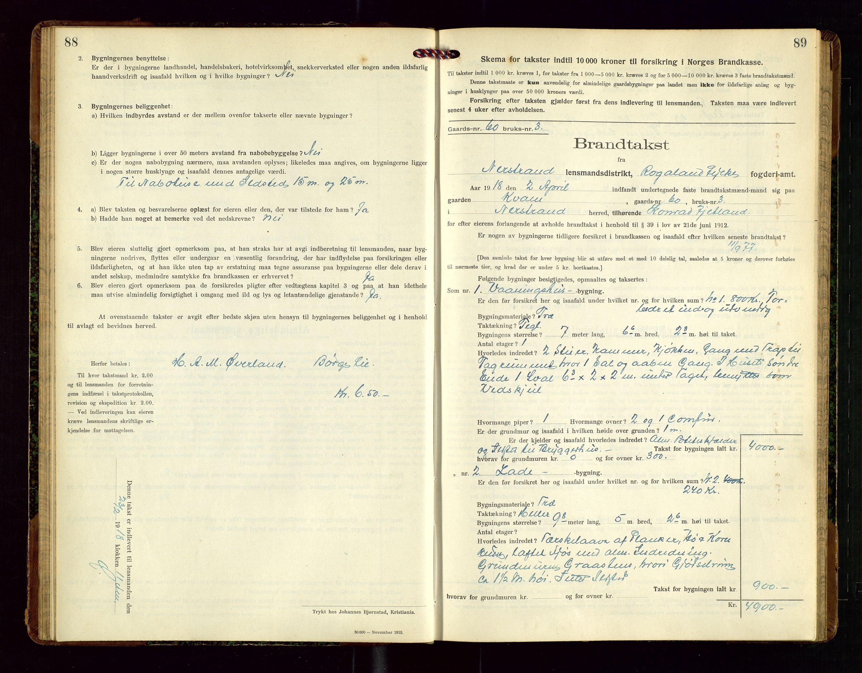 Nedstrand lensmannskontor, SAST/A-100236/Gob/L0002: "Brandtakstprotokol for Nerstrand lensmandsdistrikt Rogaland Fylke", 1916-1949, s. 88-89