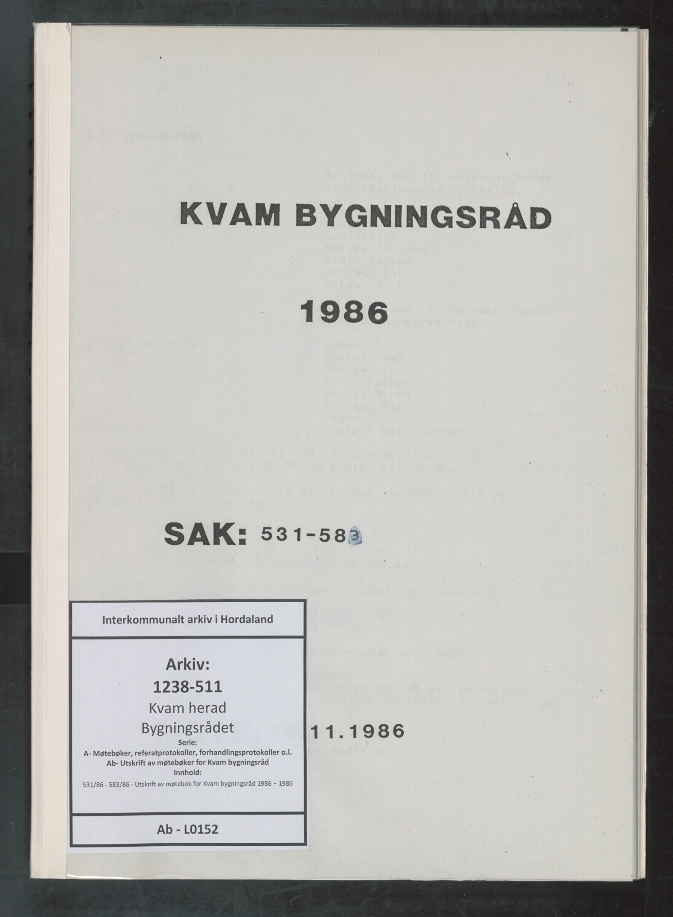 Kvam herad. Bygningsrådet, IKAH/1238-511/A/Ab/L0152: Utskrift av møtebok for Kvam bygningsråd, 1986