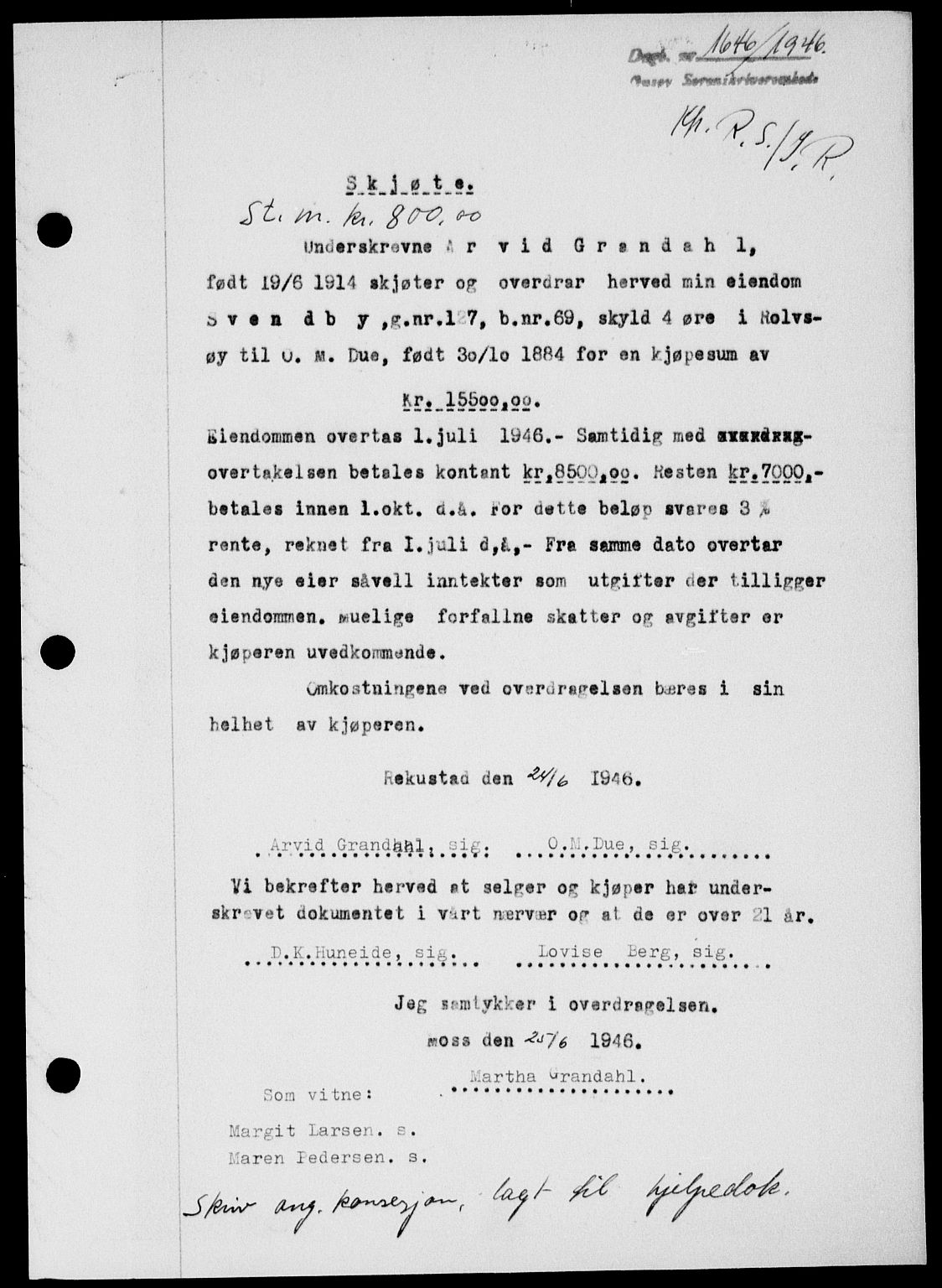 Onsøy sorenskriveri, SAO/A-10474/G/Ga/Gab/L0016: Pantebok nr. II A-16, 1946-1946, Dagboknr: 1646/1946