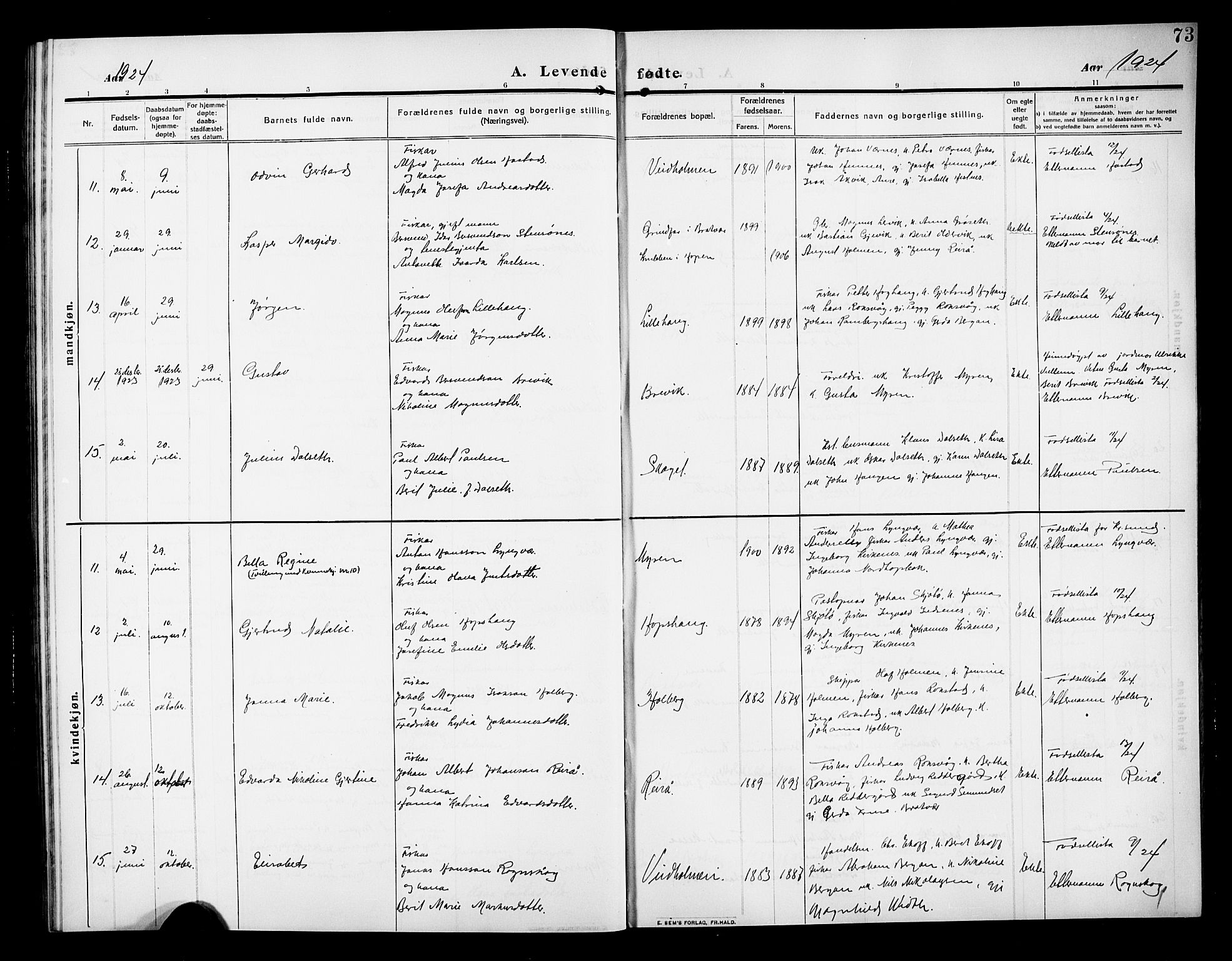 Ministerialprotokoller, klokkerbøker og fødselsregistre - Møre og Romsdal, SAT/A-1454/583/L0956: Klokkerbok nr. 583C01, 1909-1925, s. 73