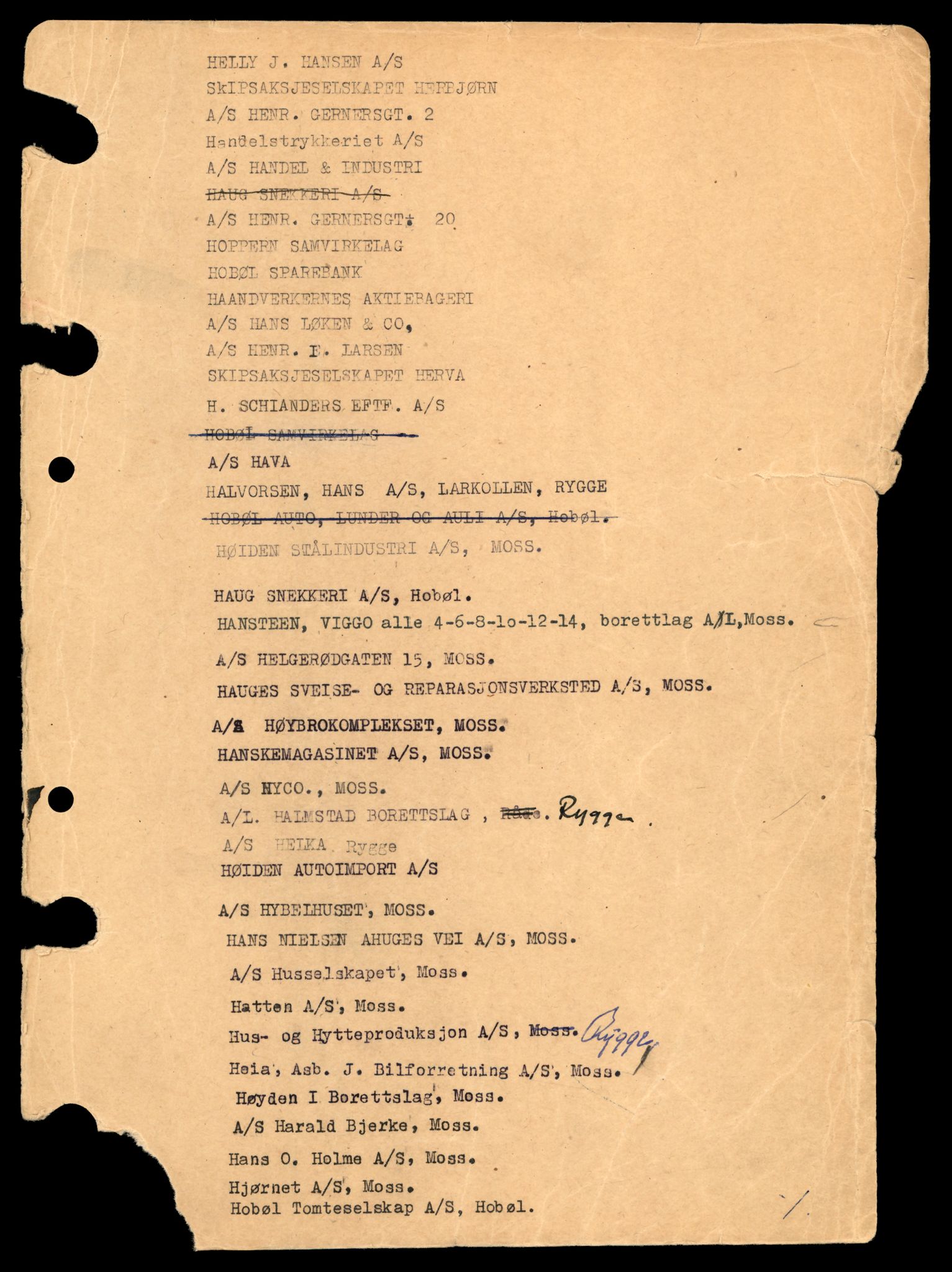 Moss tingrett, AV/SAT-A-10063/K/Kc/Kca/L0015: Aksjeselskap, Hal - Hån, 1944-1990, s. 1