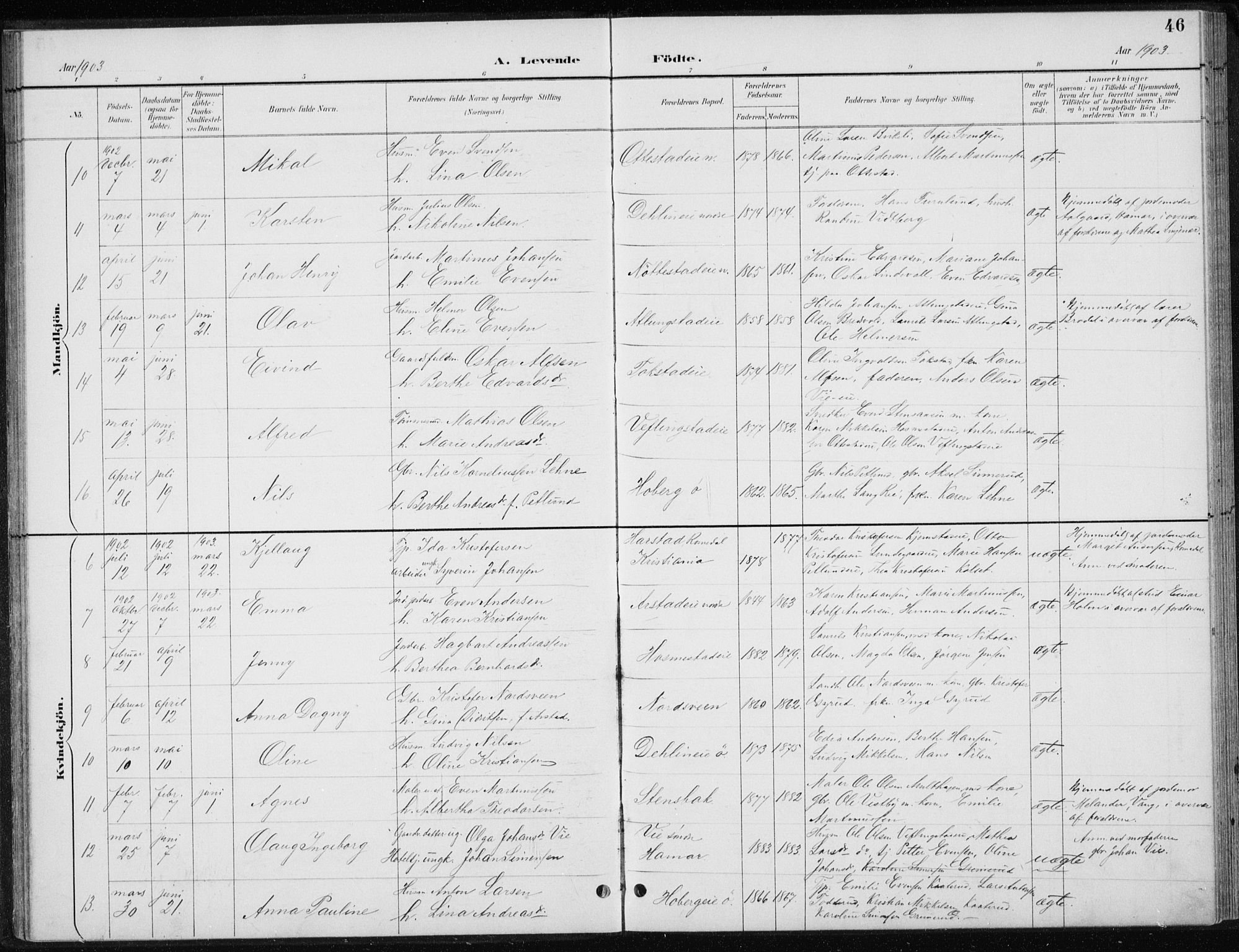 Stange prestekontor, AV/SAH-PREST-002/L/L0010: Klokkerbok nr. 10, 1894-1905, s. 46