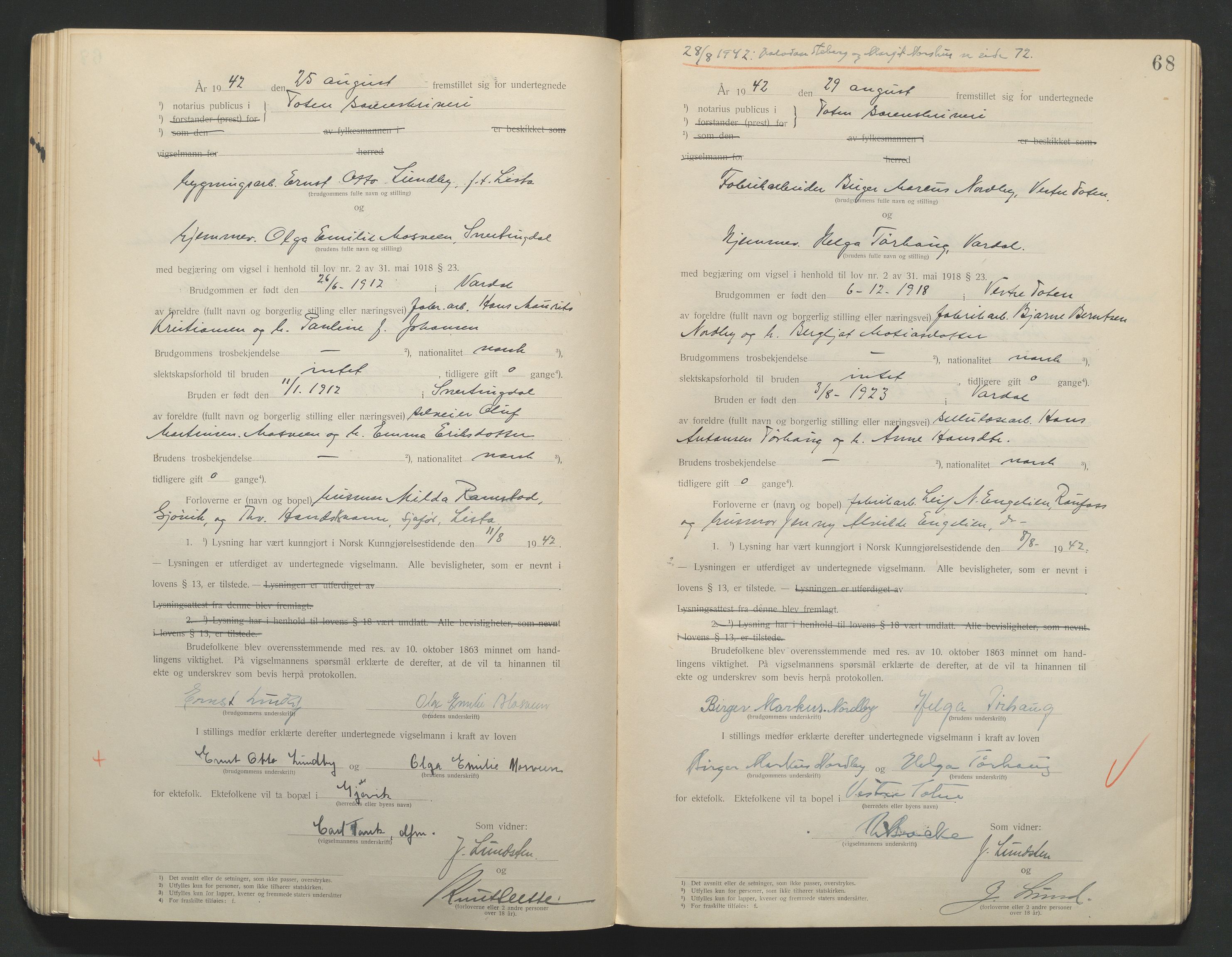 Toten tingrett, AV/SAH-TING-006/L/Lc/L0001: Vigselbok, 1920-1942, s. 68