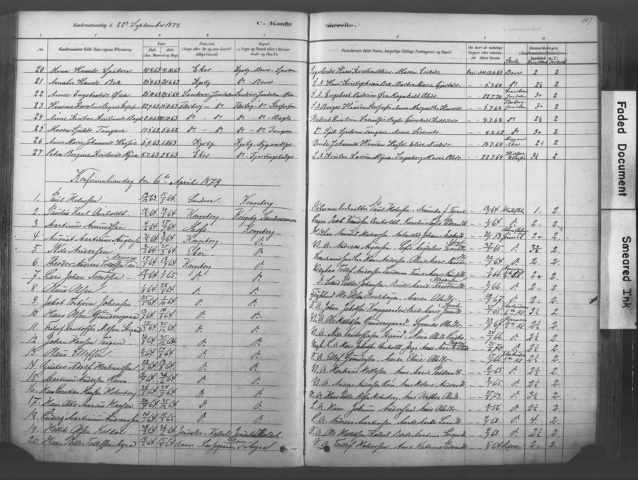 Kongsberg kirkebøker, AV/SAKO-A-22/F/Fb/L0001: Ministerialbok nr. II 1, 1878-1886, s. 107