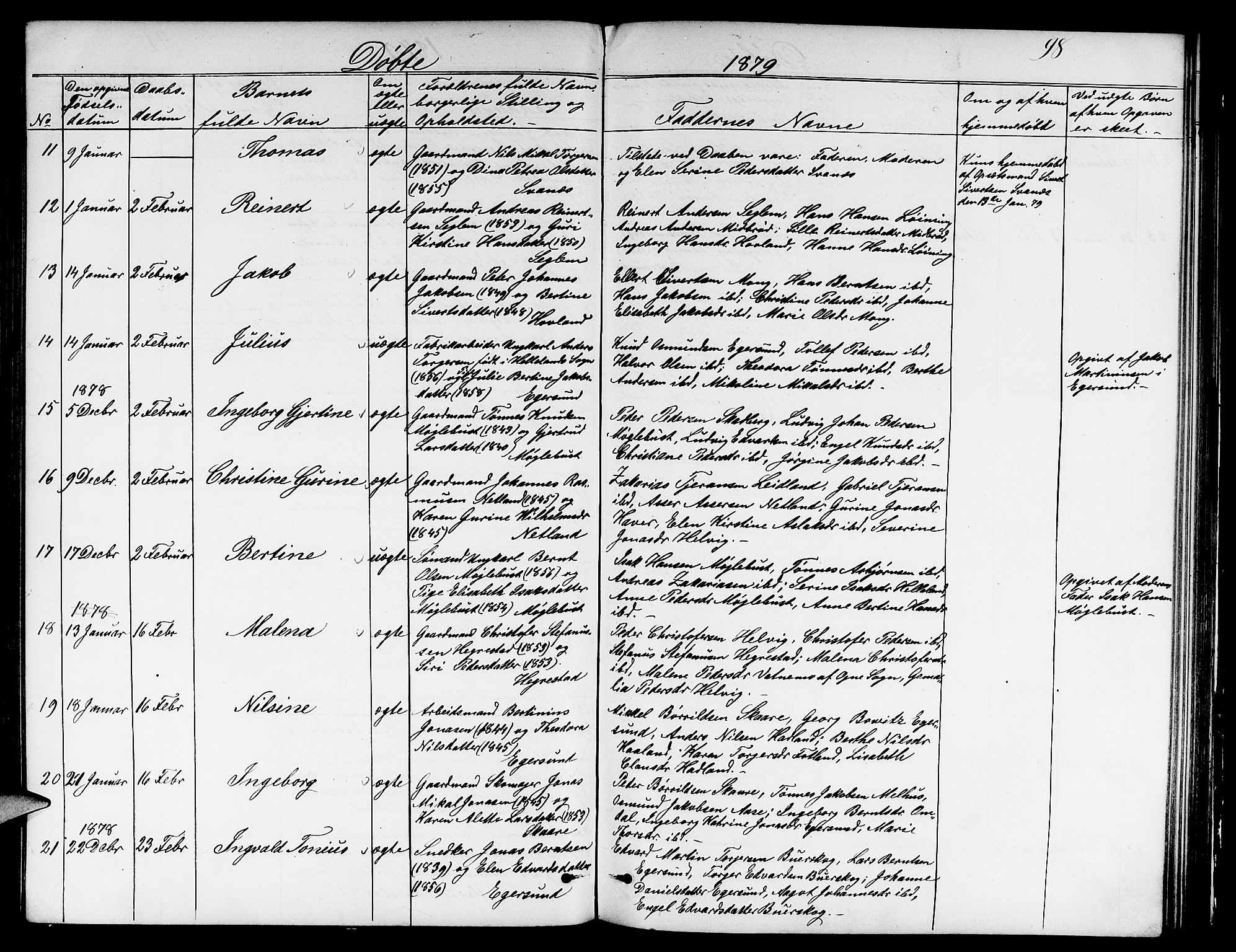 Eigersund sokneprestkontor, AV/SAST-A-101807/S09/L0005: Klokkerbok nr. B 5, 1872-1881, s. 98